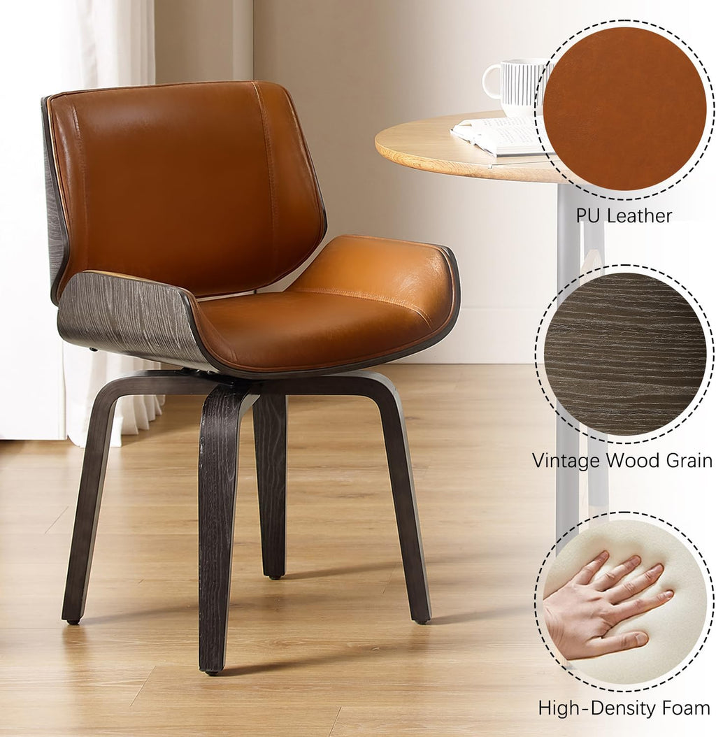Zouron Swivel Dining Chairs, Mid Century Modern Desk Chairs Retro Faux Leather Chair with Wooden Legs, Kitchen Dining Room Chair with Upholstered Seat, 1 Pcs, Orange Brown