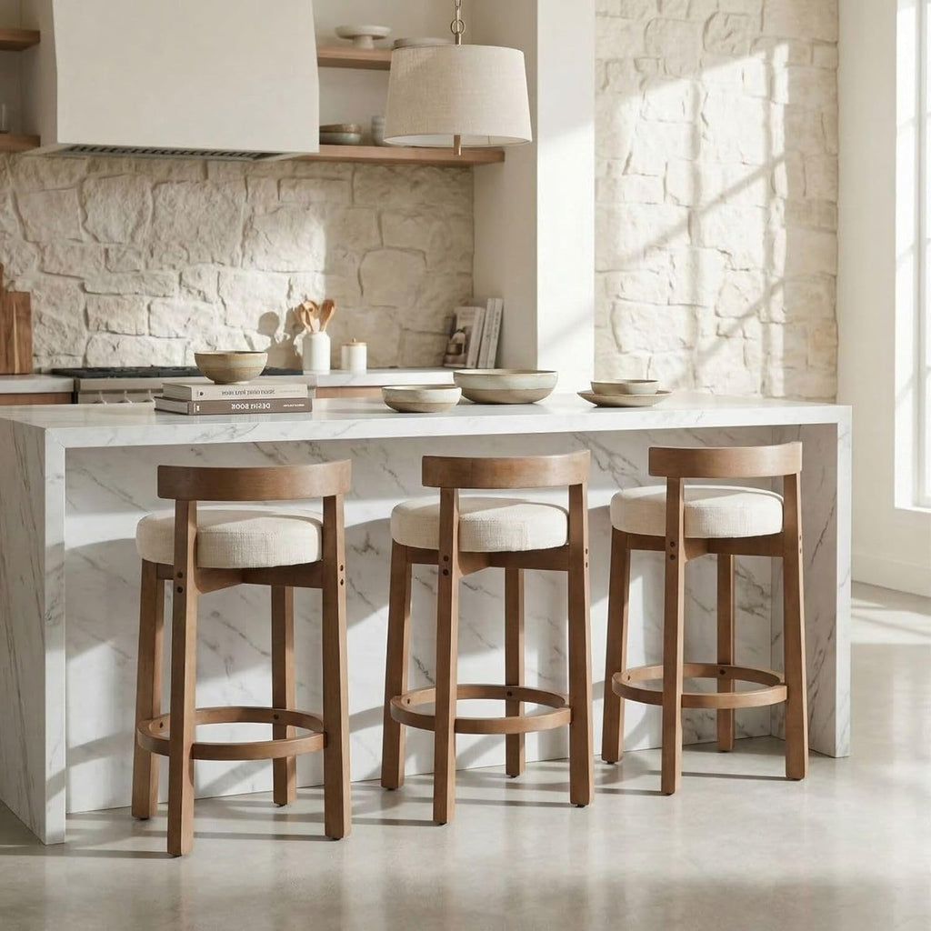 LukeAlon Mid Century Linen Counter Stools Set of 4, Upholstered 26.5” Seat Height Low Barstools with Natural Wood Legs Round Low Back Kitchen Stools with Footrest for Dining Room, Beige