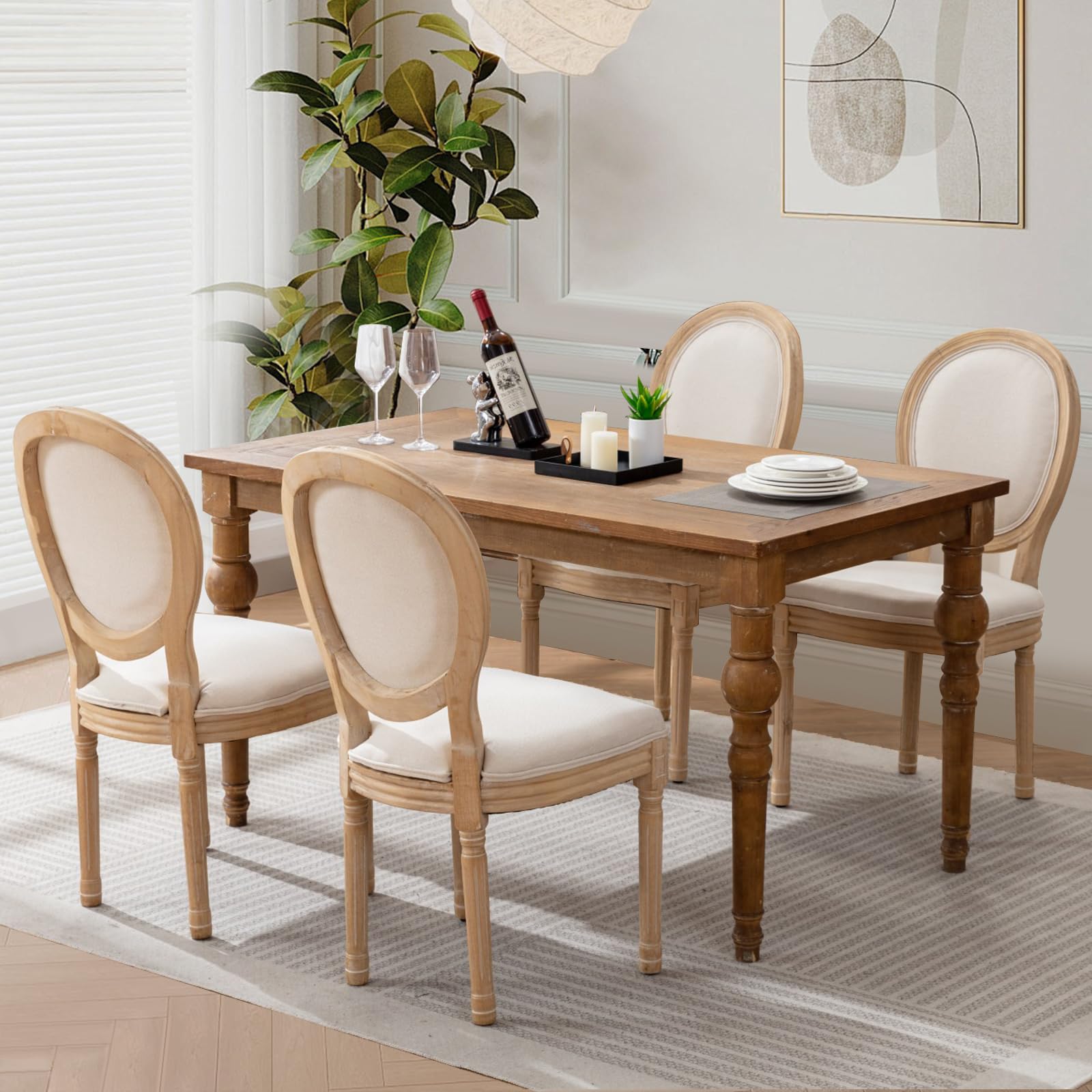 Rattan Back Upholstered Dining Chairs Set of 4 French Country Oval Kitchen Side Chairs with Wood Legs for Dining Room, Kitchen, Restaurant(Beige-Rattan)