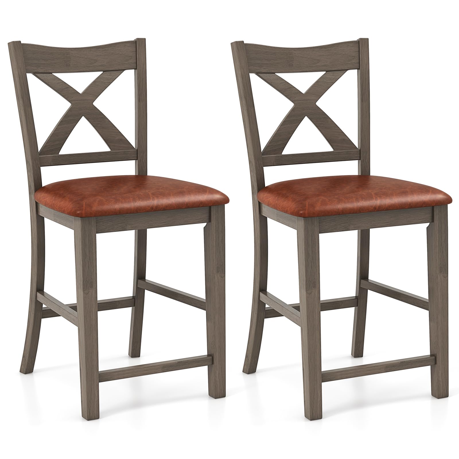 Giantex 24" Bar Stools Set of 4, Farmhouse Counter Height Barstools w/Footrest, Cross Back, Comfortable Linen Cushion, Upholstered Wood Bar Chairs for Kitchen Island Dining Room Cafe, Walnut & Beige
