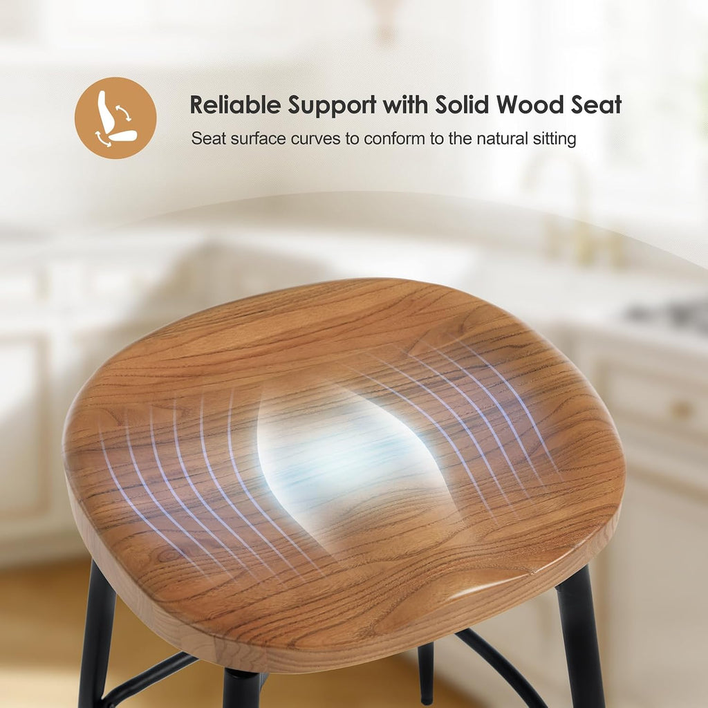 Flouki Bar Stools Set of 4, 25 Inch Solid Wood Saddle Barstools, Counter Height Bar Stools with Swivel Mechanism, Robust Metal Structure for Kitchen Island, Dining Room, Easy Assembly, Brown