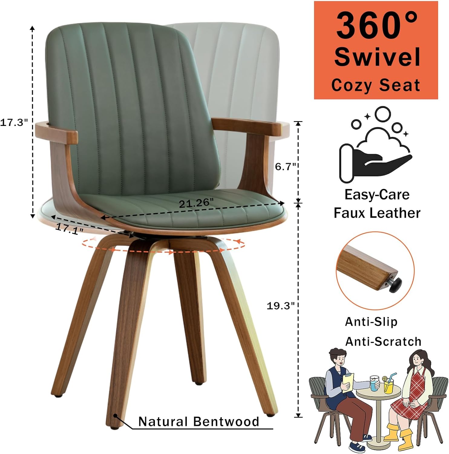 WUPOTO Set of 1 MCM Dining Chair, Mid Century Modern Chair with Walnut Craftsmanship, Upholstered Faux Leather, Wooden Arms and Legs, Faux Leather Dining Chair for Kitchen/Living Room - Green