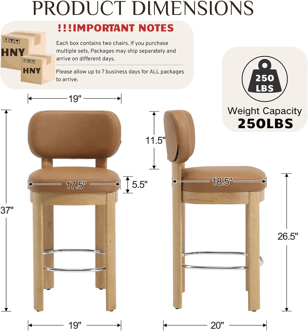 HNY Brown Leather Bar Stools Set of 2, Modern Upholstered Counter Height Bar Stools, Farmhouse Armless Bar Chairs with Solid Wood Legs & Padded Back for Kitchen Island/Dining Room Bar - 26 Inches