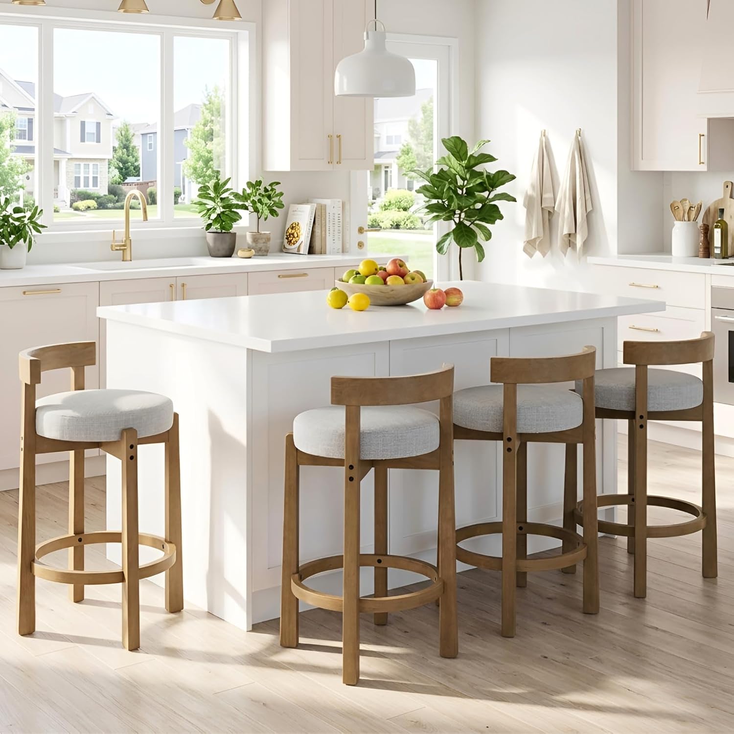HEAH-YO Mid Century Modern Bar Stools Set of 4, 26.5" Counter Stools with Back, Linen Upholstered Barstools with Solid Wood Legs Bar Chairs for Kitchen Island Dining Room, Light Grey