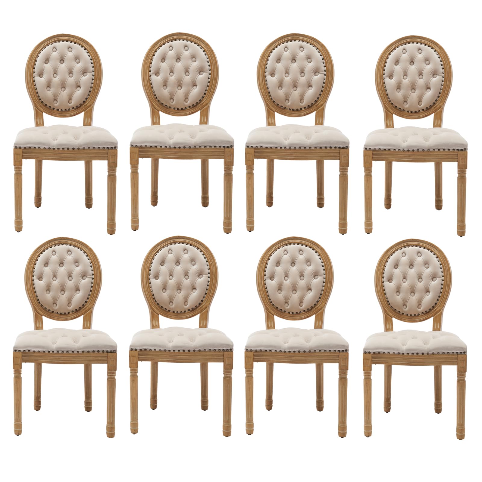 French Country Dining Chairs Set of 4，Fabric Upholstered Dining Chair with Round Back and Solid Leg, Rattan Kitchen Chairs for Dining Room, Living Room, Kitchen, Olive Green
