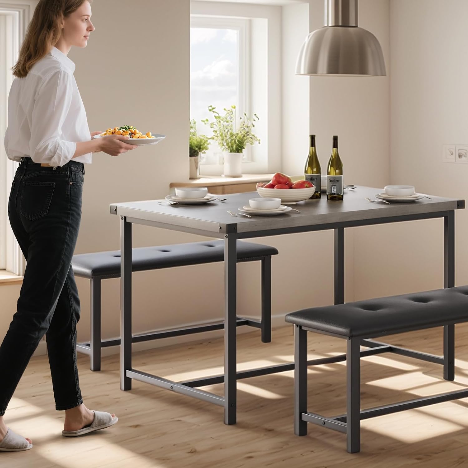 44" Small Space Breakfast Nook Set, Tufted Seats, Easy Assembly