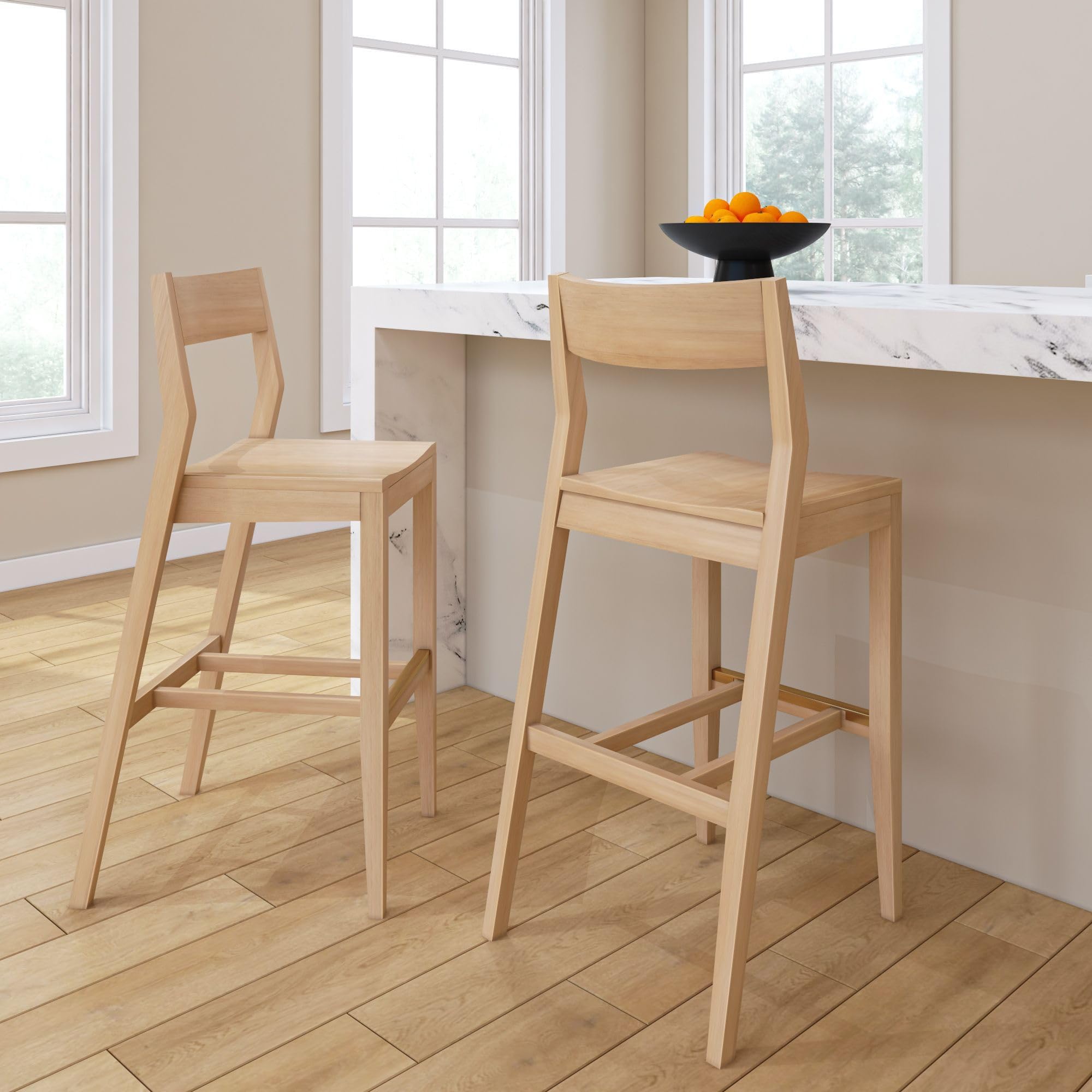 Plank+Beam Modern Bar Height Chairs, 44 Inch, Set of 2 Solid Wood Dining Chairs for Home Bar, Kitchen, Contemporary Seating for Dining Room, Pecan