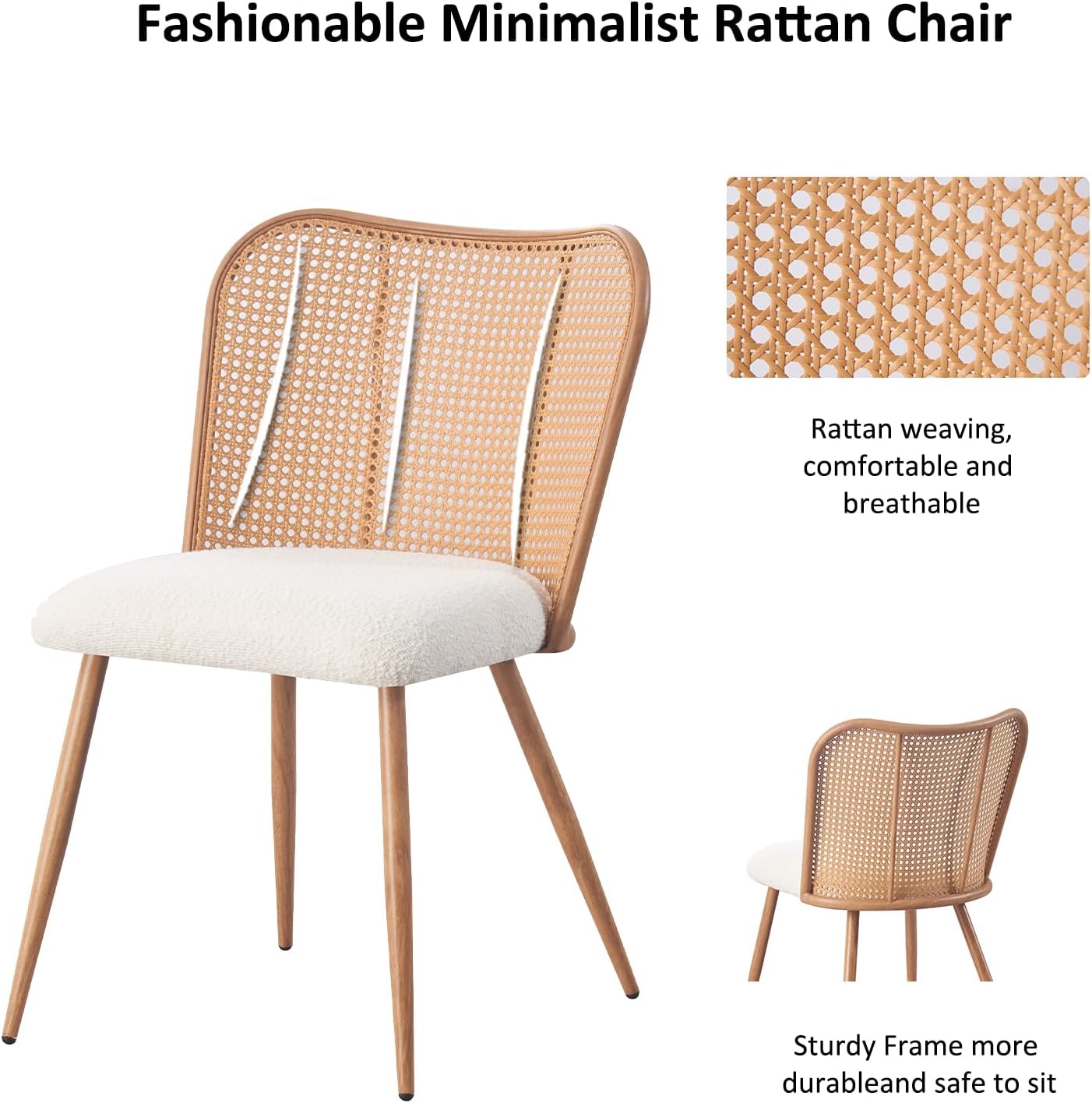Rattan Dining Chairs Set of 4,Modern Chairs with Cane Back Upholstered Boucle Kitchen Chairs Armless Side Chair with Metal Legs for Dining Room/Living Room,Beige White