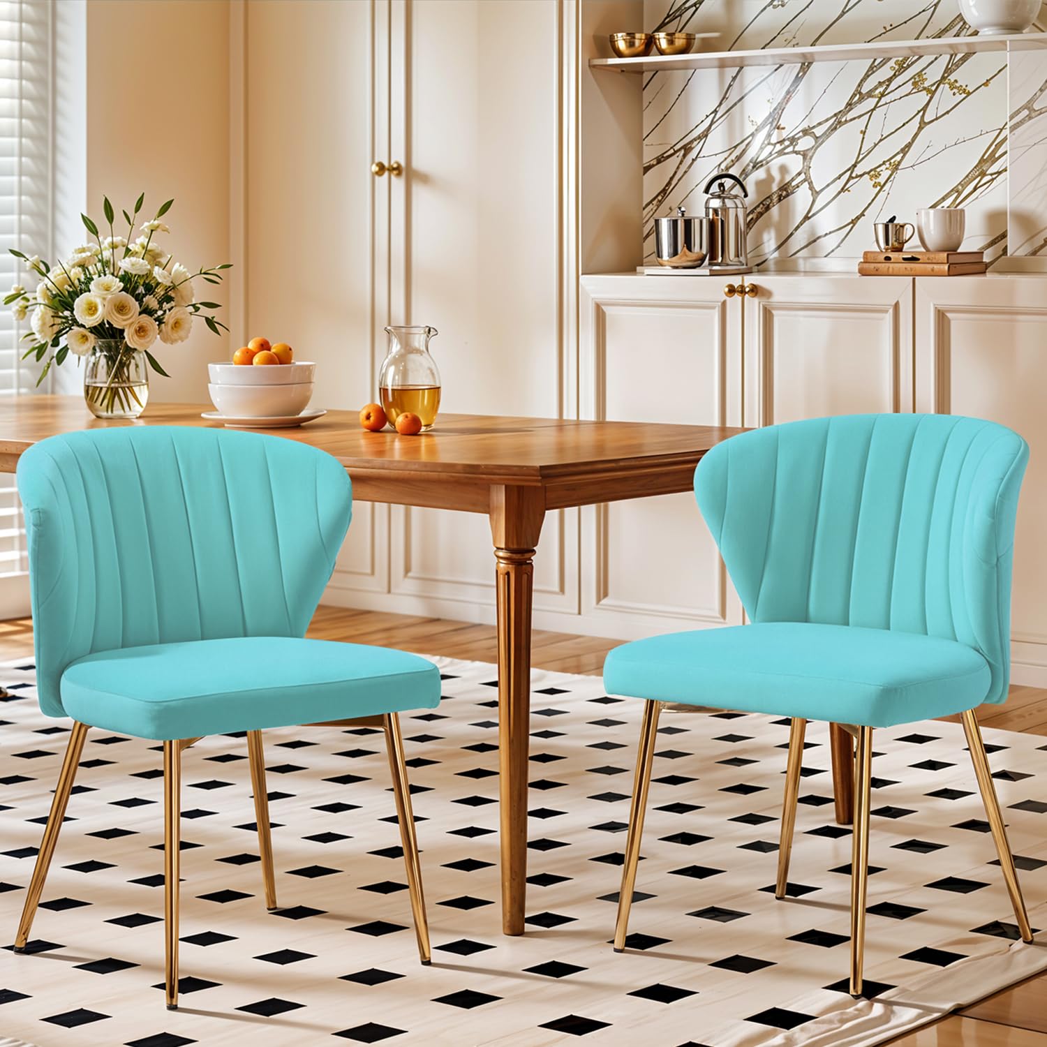 Velvet Dining Chairs Set of 2, Modern Upholstered Vanity Chairs with Golden Metal Legs for Dining Room Kitchen Vanity Patio (Black)