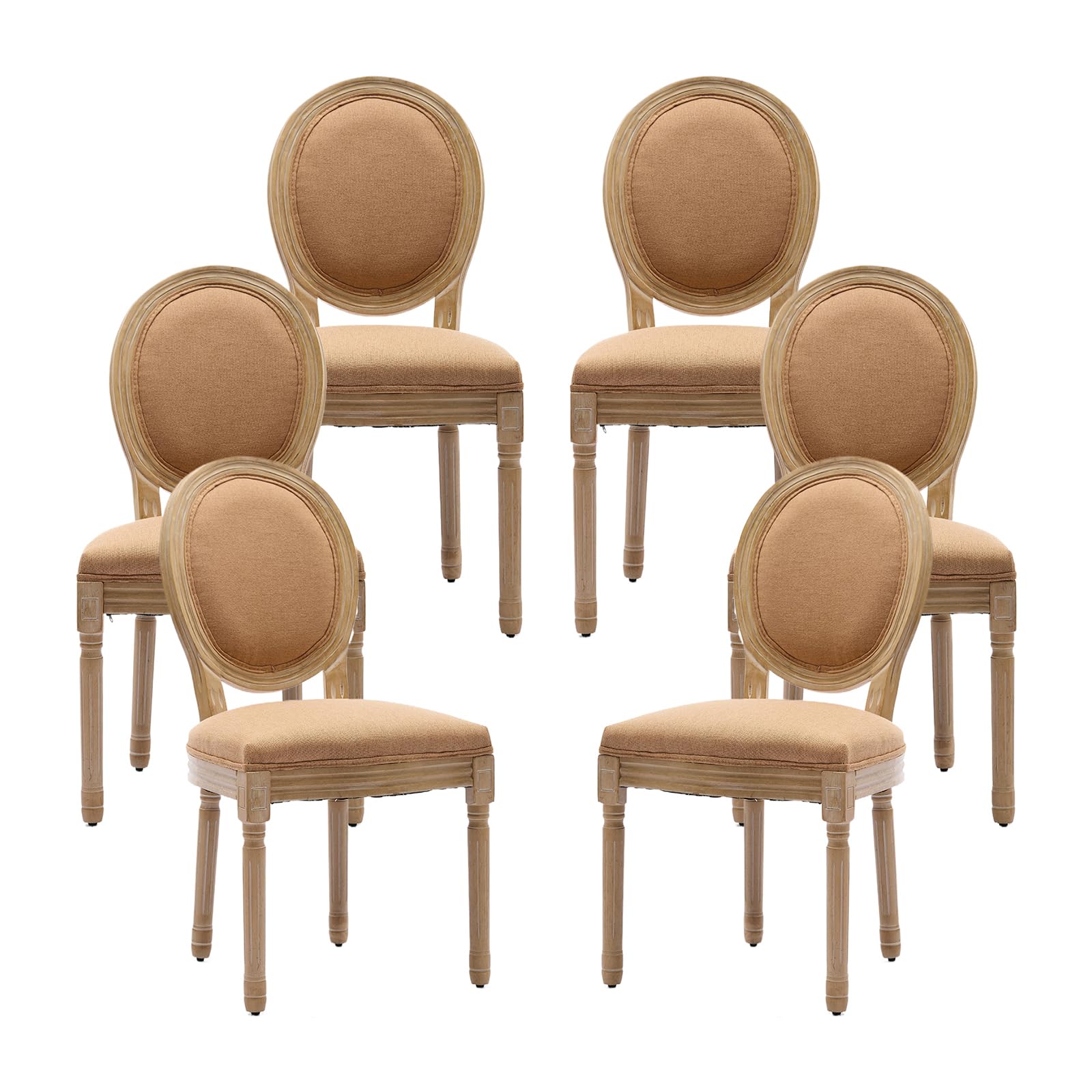 Vintage French Rattan Dining Chairs Set of 4, Solid Wood Frame with Round Rattan Back and Linen Upholstered Seat, Farmhouse Accent Sillas de Comedor Side Chairs for Dining Room & Kitchen, Beige