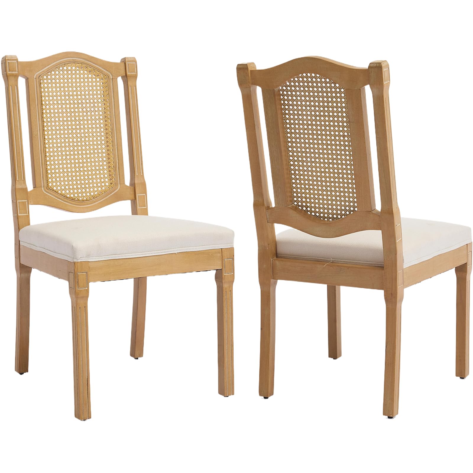 Vintage French Rattan Dining Chairs Set of 6, Square Back Side Chairs with Rattan Backrest, Upholstered Linen Seat and Solid Wood Frame, Sillas de Comedor for Dining Room & Kitchen, Dark Gray
