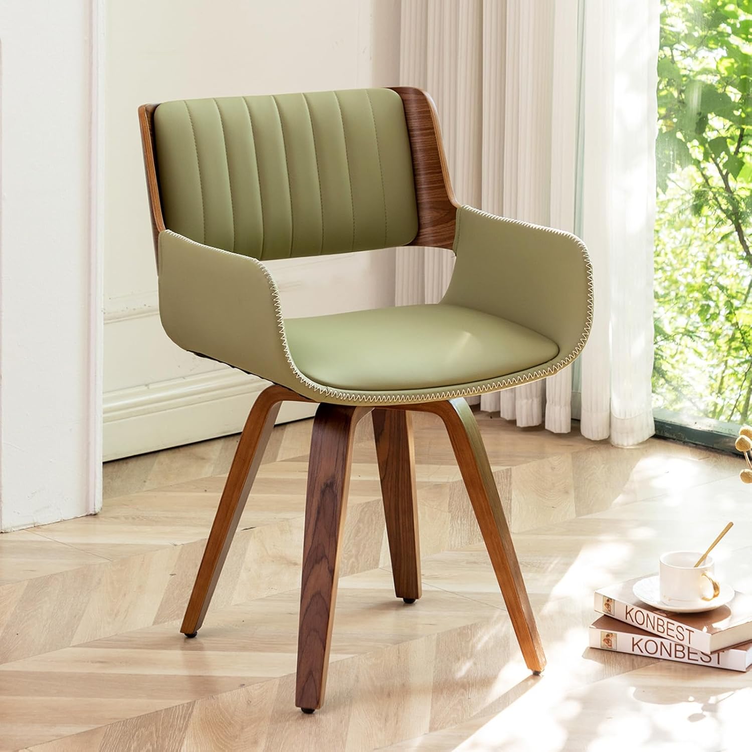 LUNLING Swivel Accent Faux Leather Dining Chairs, Mid Century Modern Chairs with Wooden Legs/Armrest/Upholstered Seat/Adjustable Foots for Kitchen Dining Room Desk Chairs,Green,1PCS
