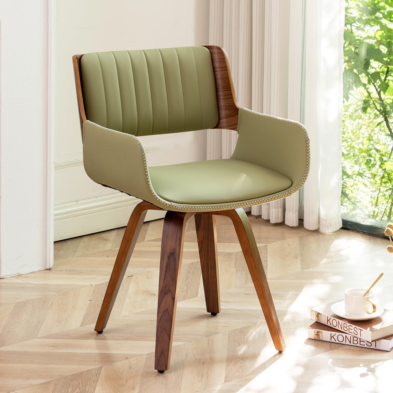LUNLING Swivel Accent Faux Leather Dining Chairs, Mid Century Modern Chairs with Wooden Legs/Armrest/Upholstered Seat/Adjustable Foots for Kitchen Dining Room Desk Chairs,Green,1PCS
