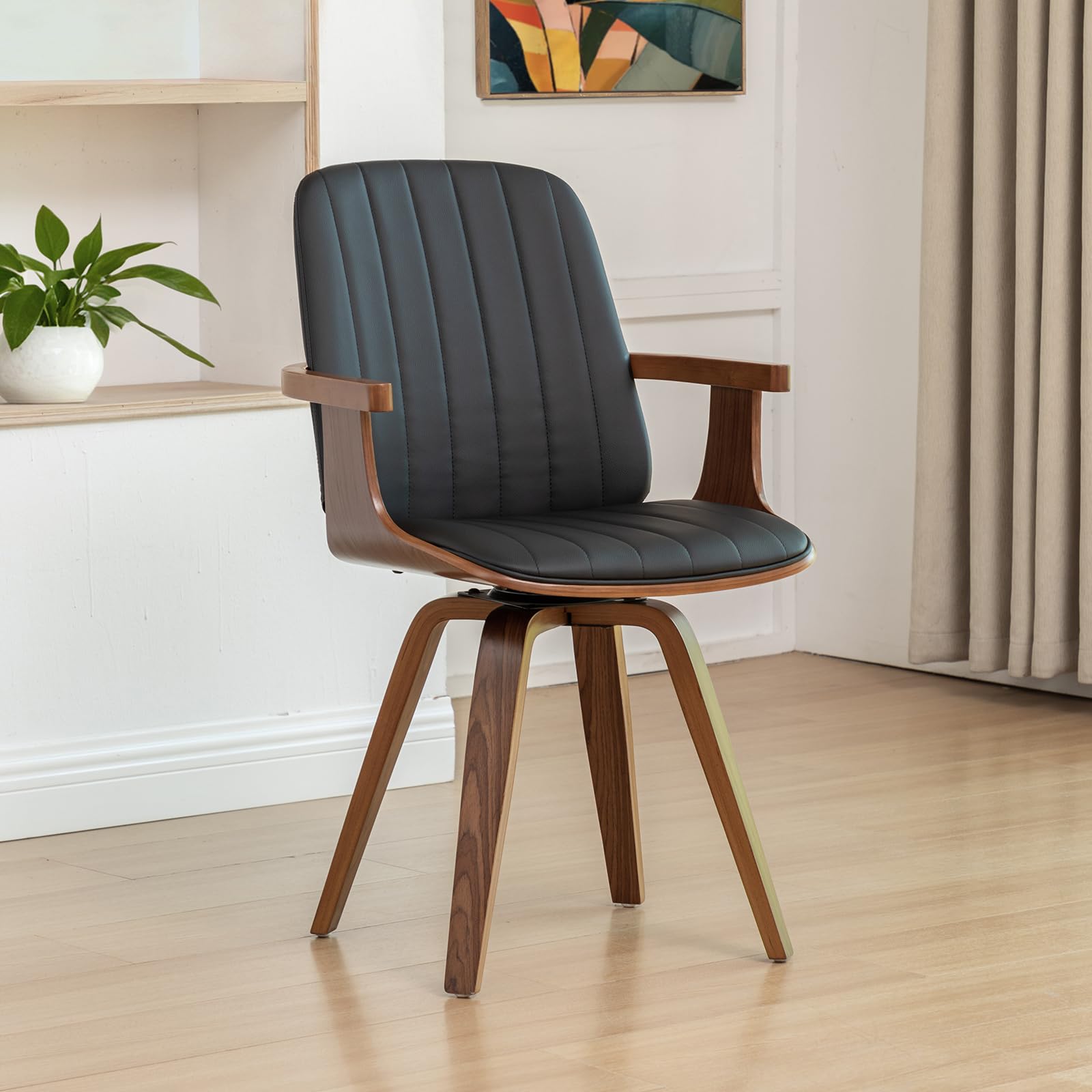 WUPOTO Set of 1 MCM Dining Chair, Mid Century Modern Chair with Walnut Craftsmanship, Upholstered Faux Leather, Wooden Arms and Legs, Faux Leather Dining Chair for Kitchen/Living Room - Green