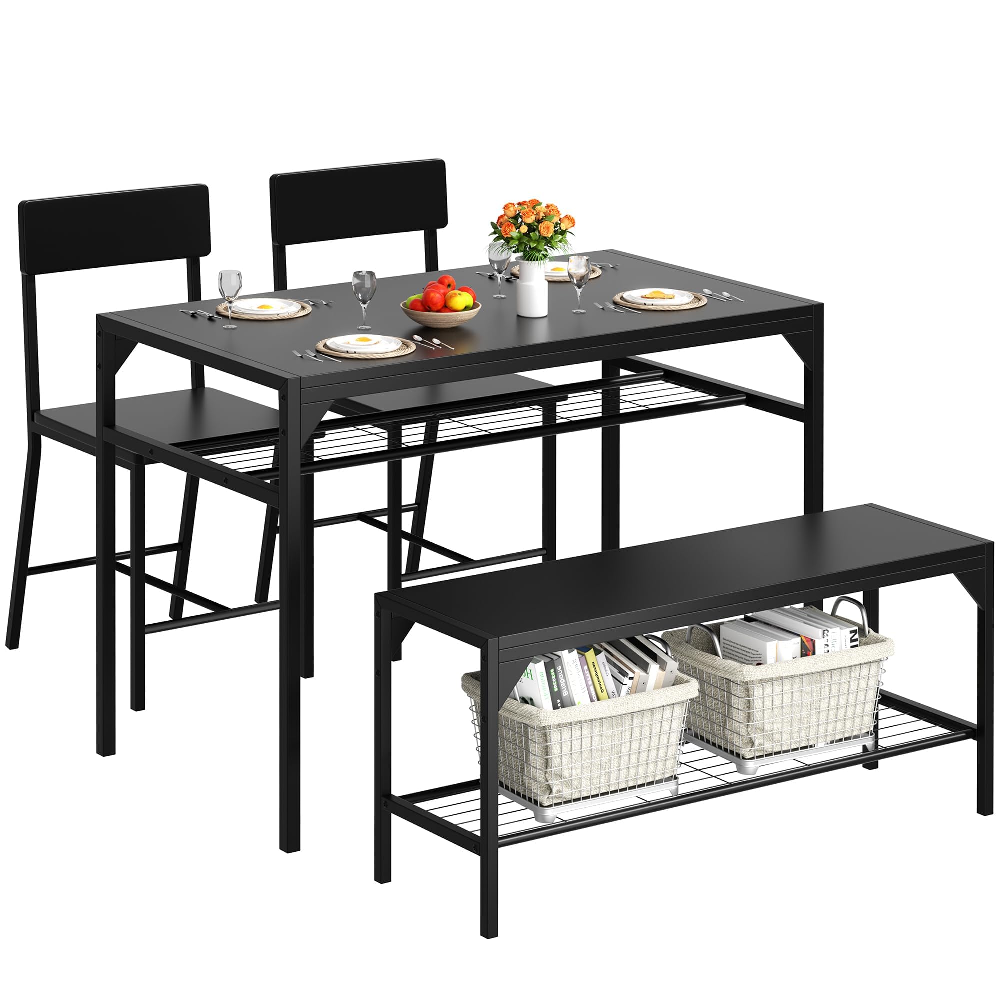 Shintenchi Kitchen Table Chairs Set of 4, Dining Table Set for 4 with Bench and Chairs, 4 Pieces Kitchen Table Set with Storage Rack & Metal Frame for Small Space, Solid Black