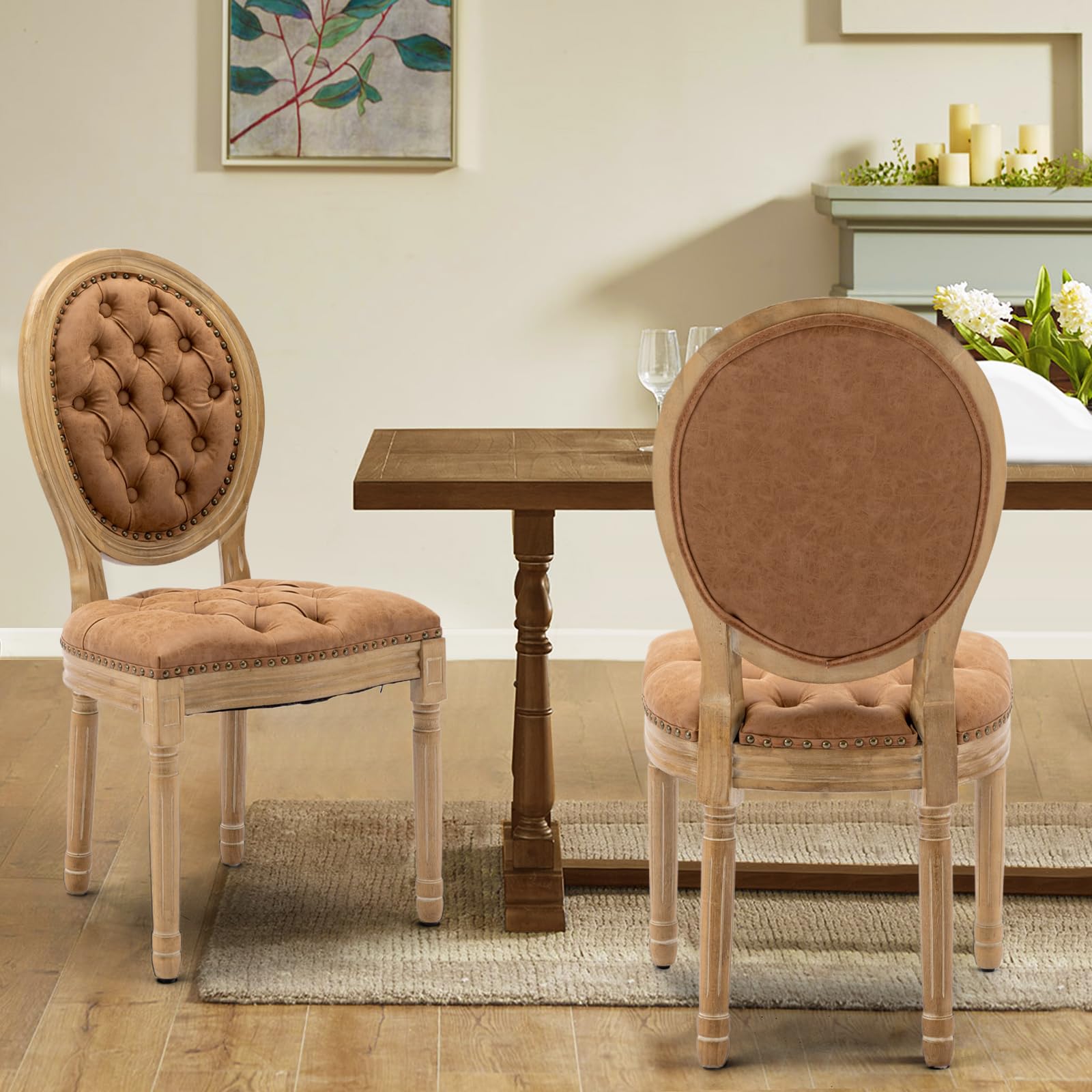 Rattan Back Upholstered Dining Chairs Set of 4 French Country Oval Kitchen Side Chairs with Wood Legs for Dining Room, Kitchen, Restaurant(Beige-Rattan)