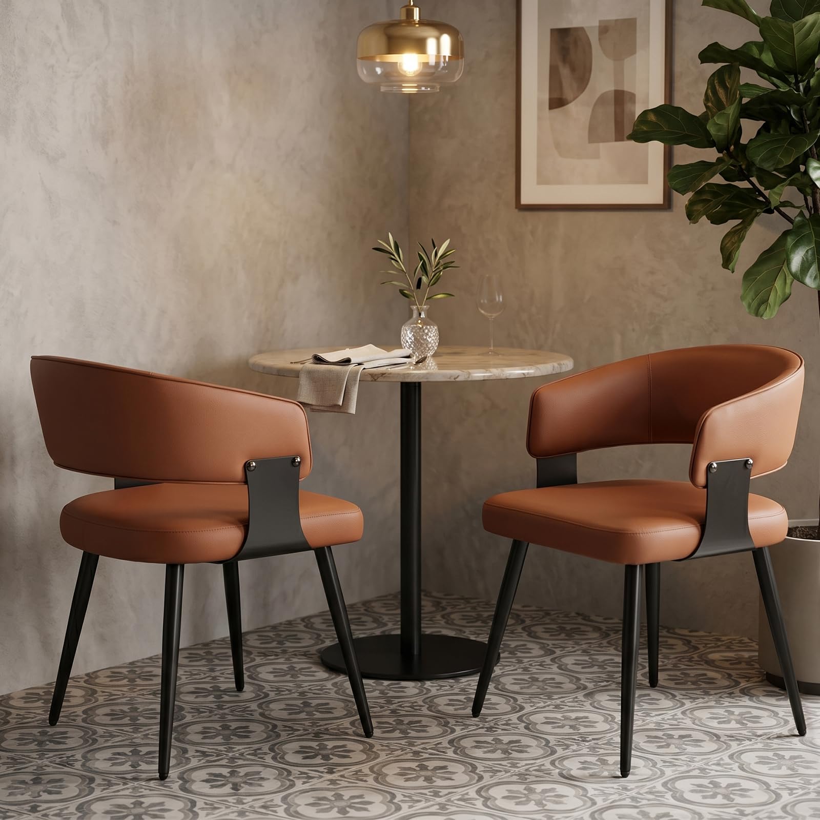 Dining Chairs Set of 4, Modern Upholstered PU Leather Kitchen & Dining Room Chairs with Curved Open Back Metal Legs, Kitchen Chairs for Dining Room Restaurant (Vintage Brown, Set of 4)