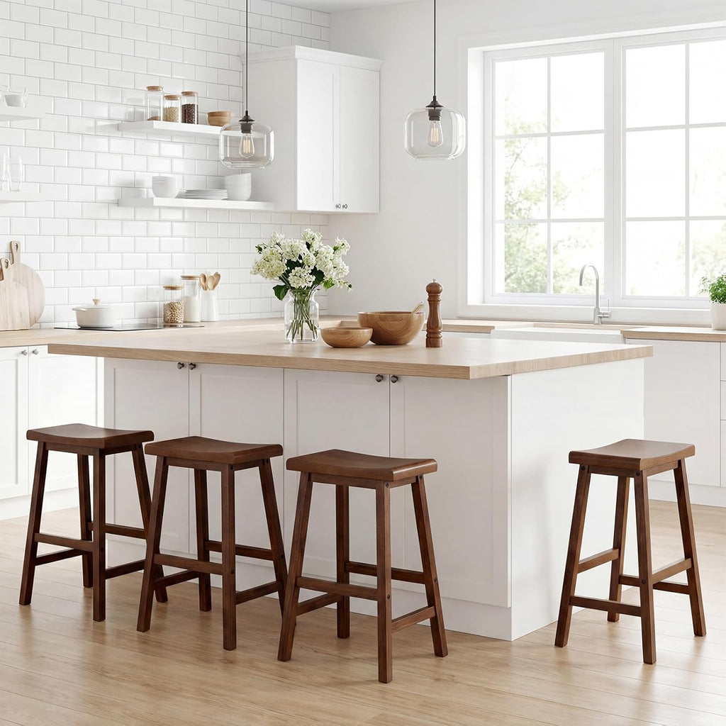 4PC Solid Wood Backless Bar Stools, 24in Counter Stools with Footrest, Brown
