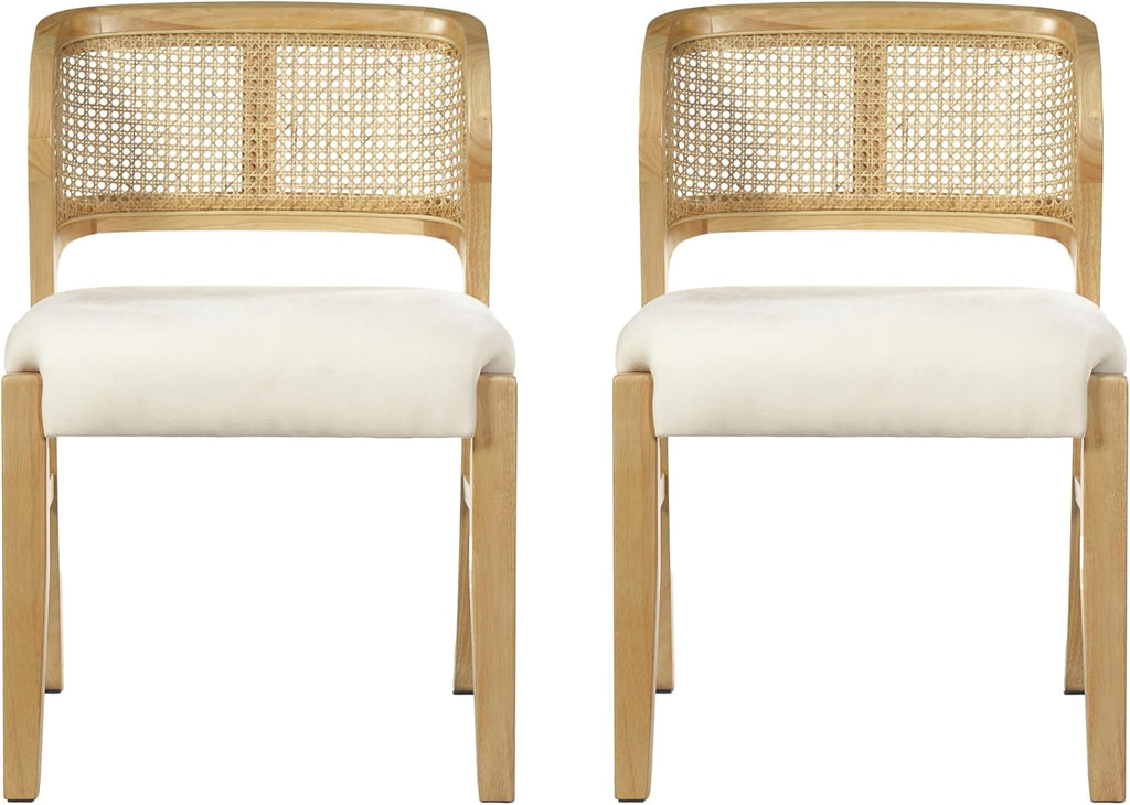 Christopher Knight Home Cayde Upholstered Dining Chairs Set of 2, Kitchen Side Chair with Cane Backrest, Rubberwood Dining Room Chair, Extra Seat for Living Room, Natural+Beige