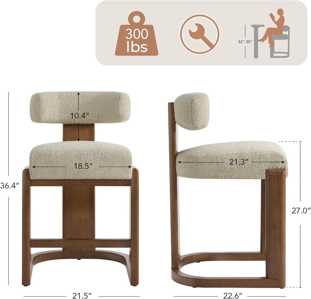 2PC Upholstered Counter Bar Stools, Oatmeal Fabric with Walnut Wood Legs