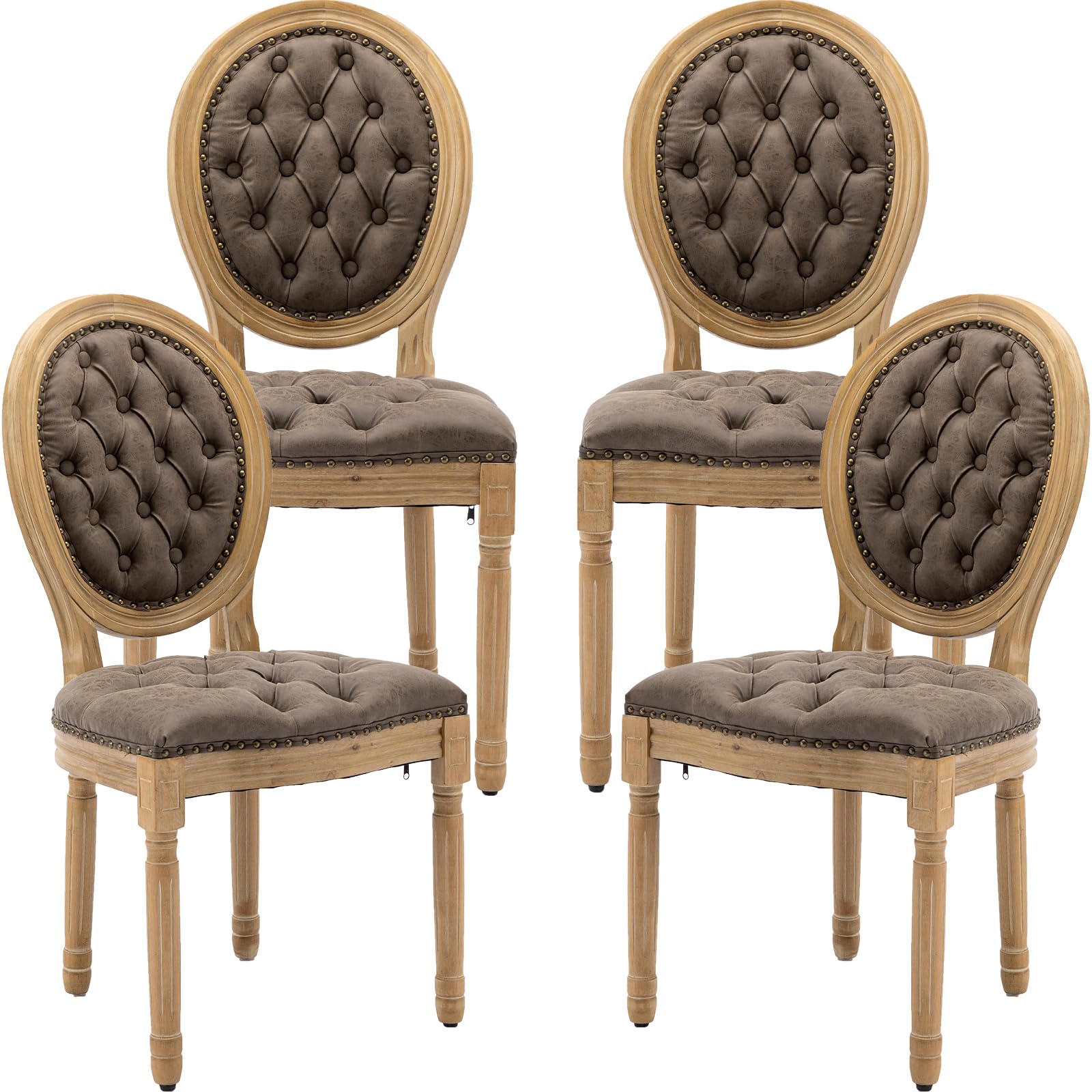 Vintage French Rattan Dining Chairs Set of 4, Solid Wood Frame with Round Rattan Back and Linen Upholstered Seat, Farmhouse Accent Sillas de Comedor Side Chairs for Dining Room & Kitchen, Beige