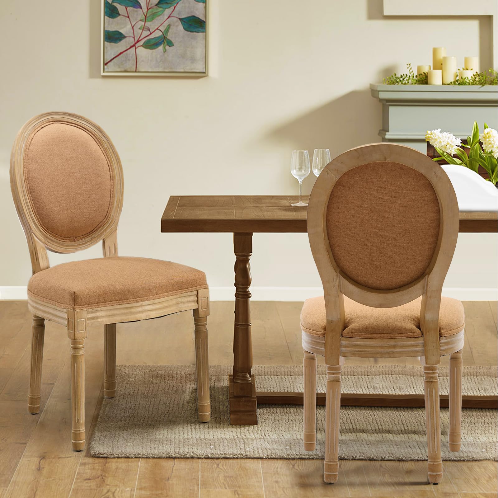 Rattan Back Upholstered Dining Chairs Set of 4 French Country Oval Kitchen Side Chairs with Wood Legs for Dining Room, Kitchen, Restaurant(Beige-Rattan)