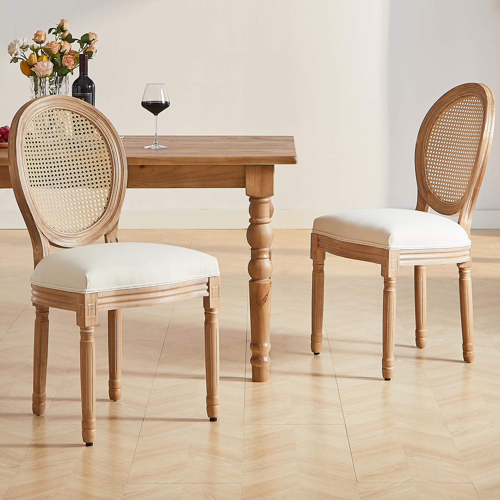 Nrizc French Country Dining Chairs Set of 4, Farmhouse Fabric Chairs with Round Back, Rattan Dining Chair, Oval Side Chairs for Dining Room/Living Room/Kitchen/Restaurant