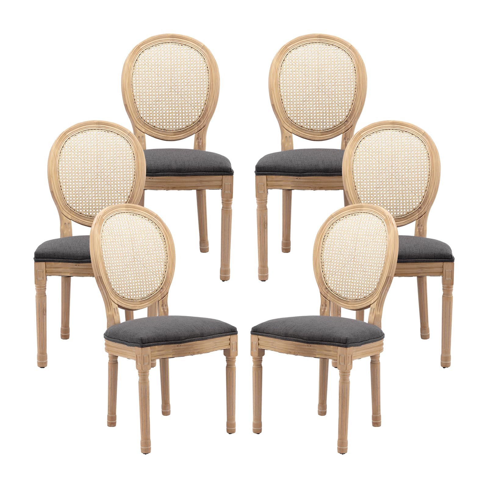Vintage French Rattan Dining Chairs Set of 4, Solid Wood Frame with Round Rattan Back and Linen Upholstered Seat, Farmhouse Accent Sillas de Comedor Side Chairs for Dining Room & Kitchen, Beige