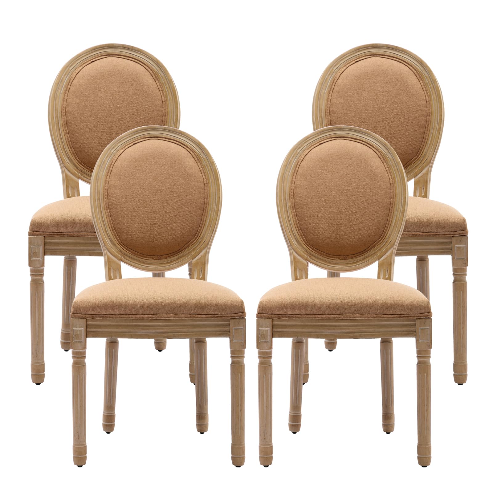 French Country Dining Chairs Set of 4，Fabric Upholstered Dining Chair with Round Back and Solid Leg, Rattan Kitchen Chairs for Dining Room, Living Room, Kitchen, Olive Green