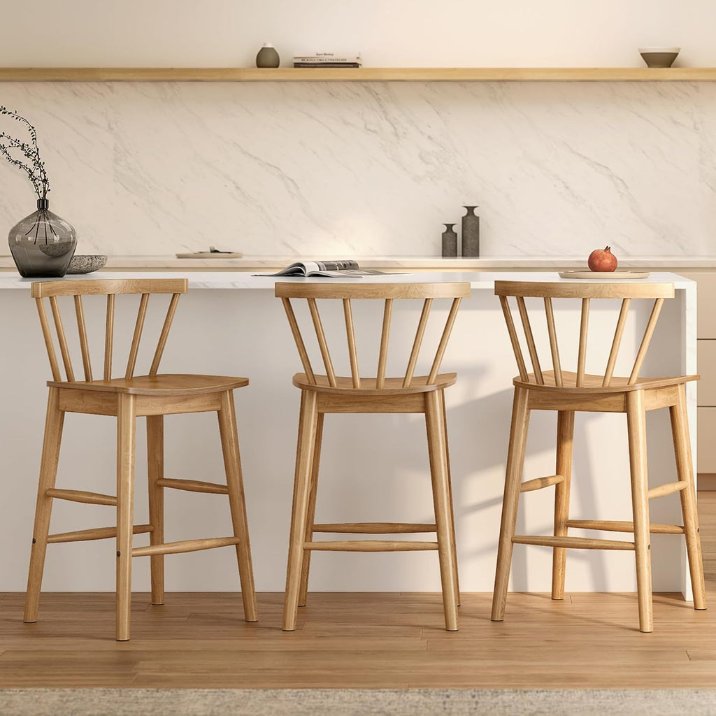 EYYTHUNG Wood Bar Stools Set of 3, Farmhouse 24" Barstool Counter Stools with Curved Back Counter Chairs for Kitchen Islands Dining Room, Natural Oak