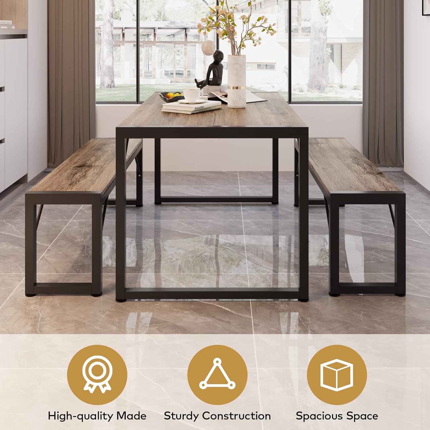 Gizoon 45.5" Dining Table Set for 4 with 2 Benches, Kitchen Table Set with Metal Frame & MDF Board, Space-Saving Dinette for Kitchen, Dining Room -Grey