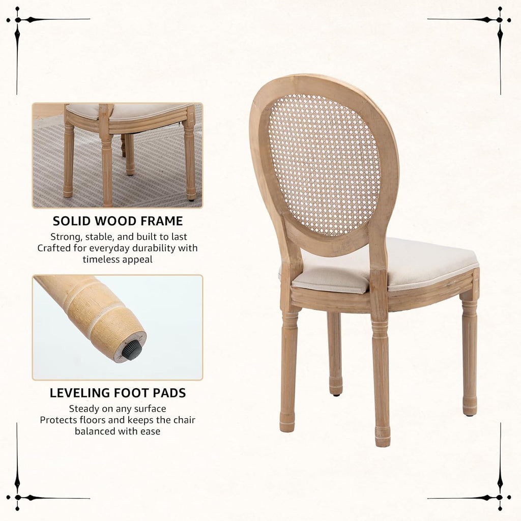 Vintage French Rattan Dining Chairs Set of 4, Solid Wood Frame with Round Rattan Back and Linen Upholstered Seat, Farmhouse Accent Sillas de Comedor Side Chairs for Dining Room & Kitchen, Beige