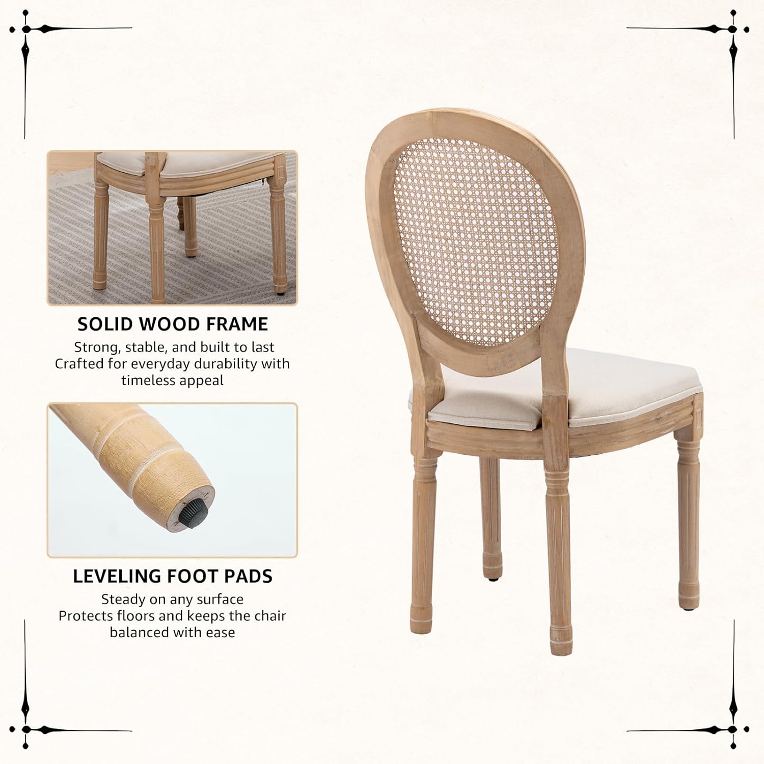 Vintage French Rattan Dining Chairs Set of 4, Solid Wood Frame with Round Rattan Back and Linen Upholstered Seat, Farmhouse Accent Sillas de Comedor Side Chairs for Dining Room & Kitchen, Beige