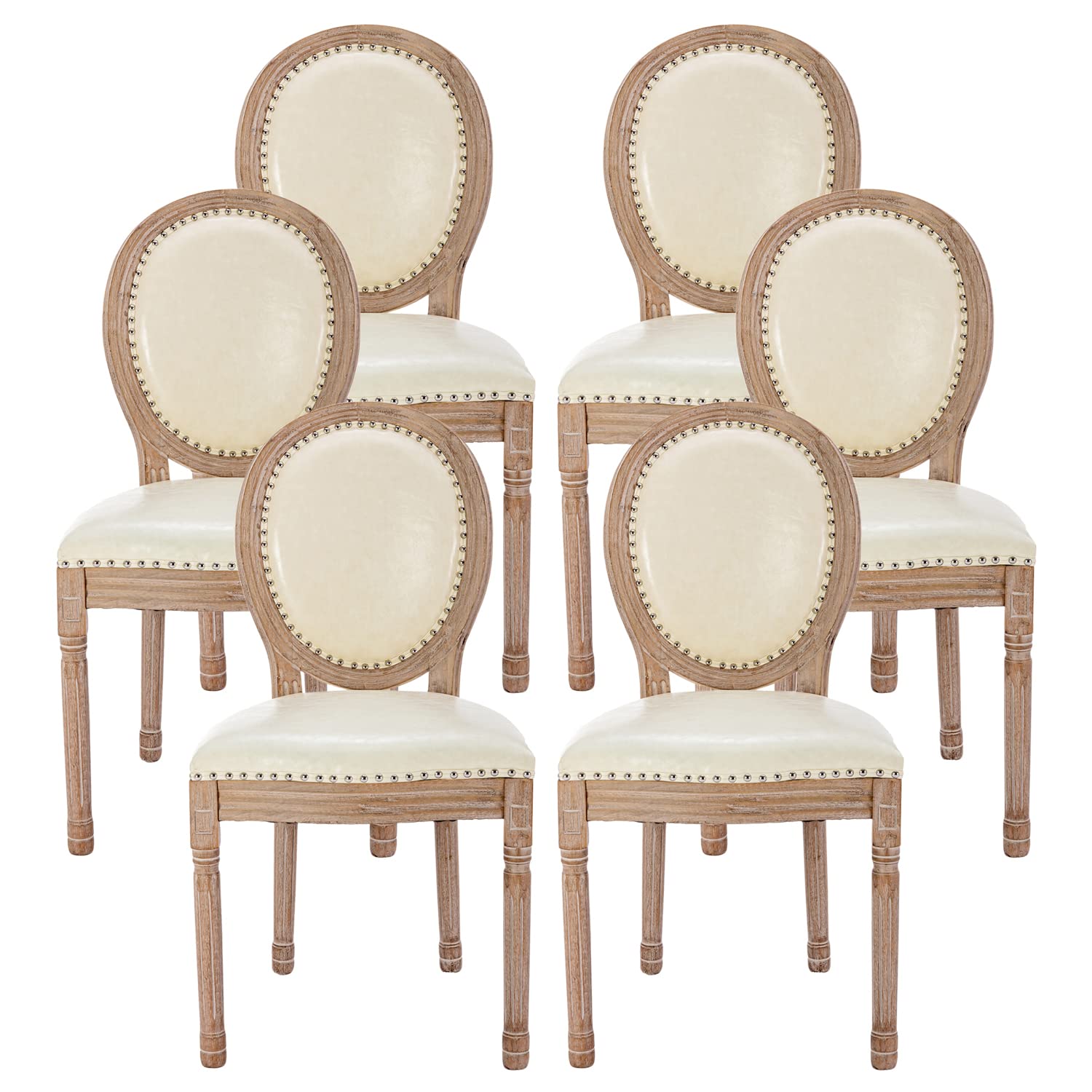 Nrizc French Country Dining Chairs Set of 4, Farmhouse Fabric Chairs with Round Back, Rattan Dining Chair, Oval Side Chairs for Dining Room/Living Room/Kitchen/Restaurant