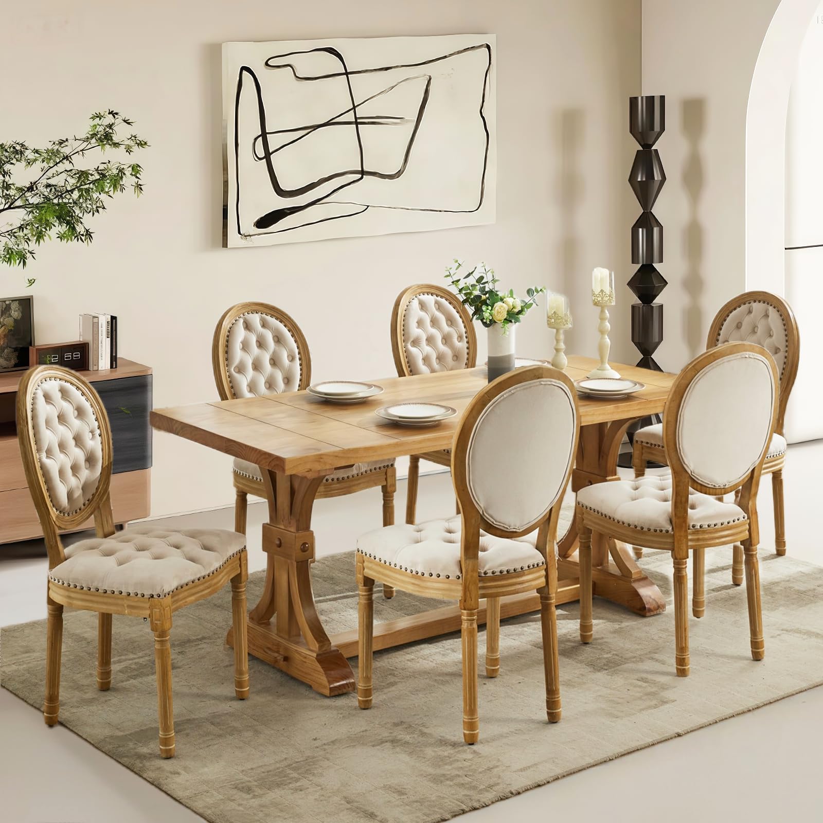 Rattan Back Upholstered Dining Chairs Set of 4 French Country Oval Kitchen Side Chairs with Wood Legs for Dining Room, Kitchen, Restaurant(Beige-Rattan)