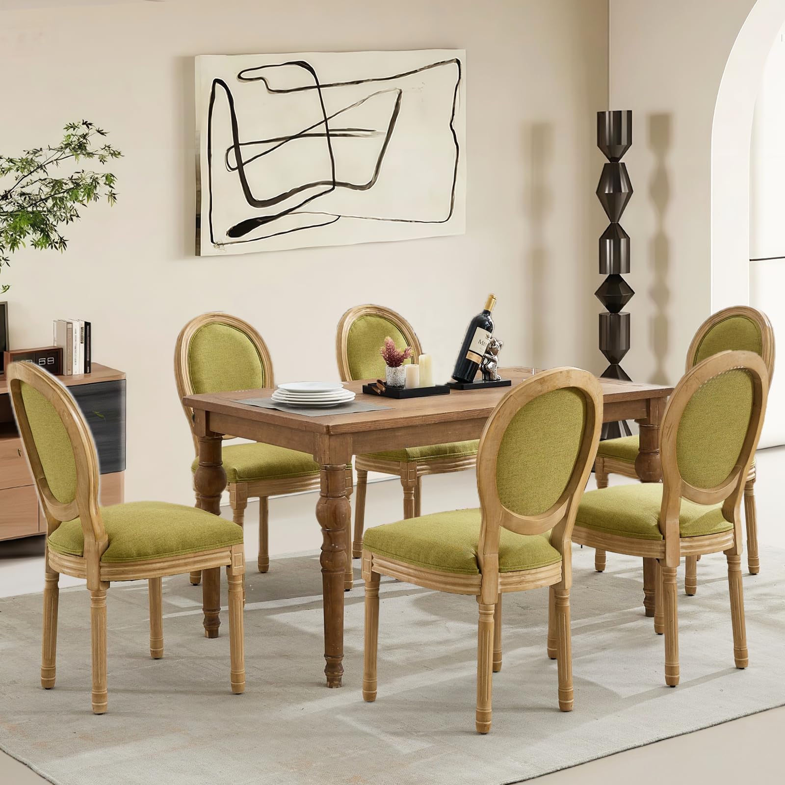 Rattan Back Upholstered Dining Chairs Set of 4 French Country Oval Kitchen Side Chairs with Wood Legs for Dining Room, Kitchen, Restaurant(Beige-Rattan)
