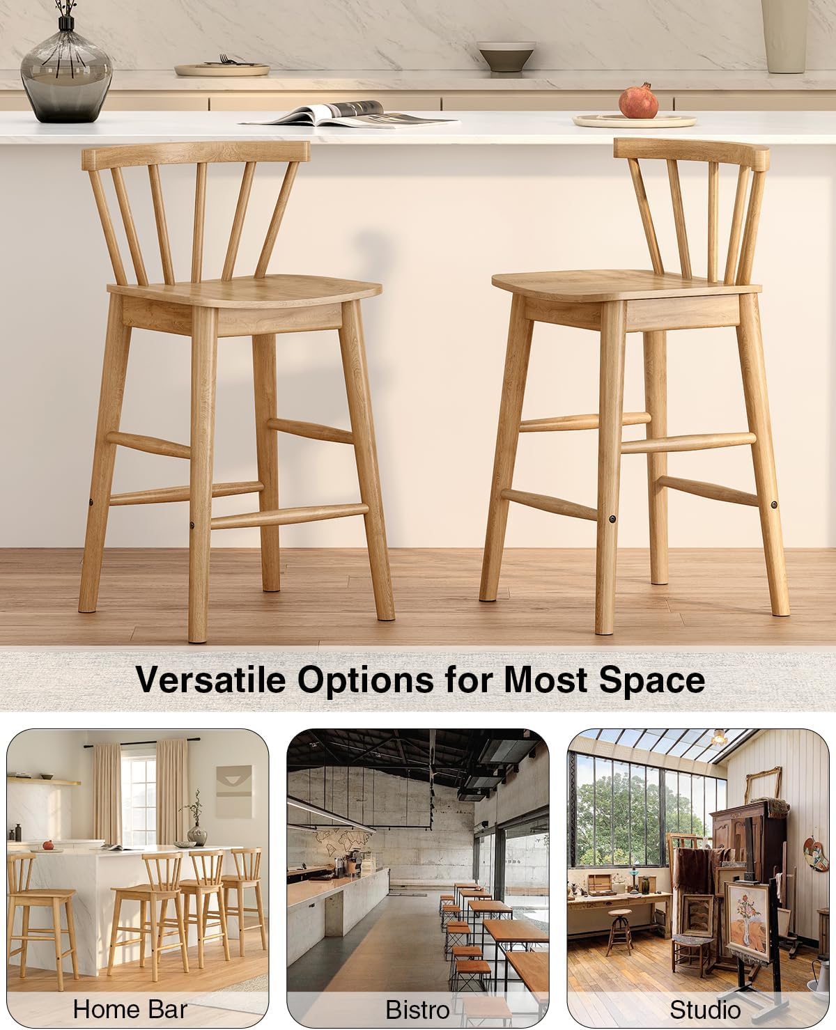 Modern Bar Stools Set of 2, 24" Wooden Counter Height Barstools, Modern Armless Farmhouse Bar Dining Chairs with Back & Footrest for Kitchen Island Pub, Natural Oak