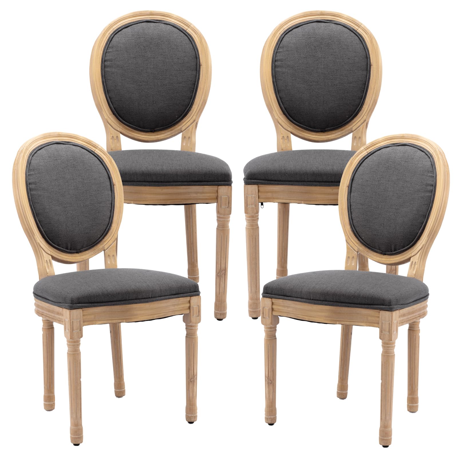 French Country Dining Chairs Set of 4，Fabric Upholstered Dining Chair with Round Back and Solid Leg, Rattan Kitchen Chairs for Dining Room, Living Room, Kitchen, Olive Green
