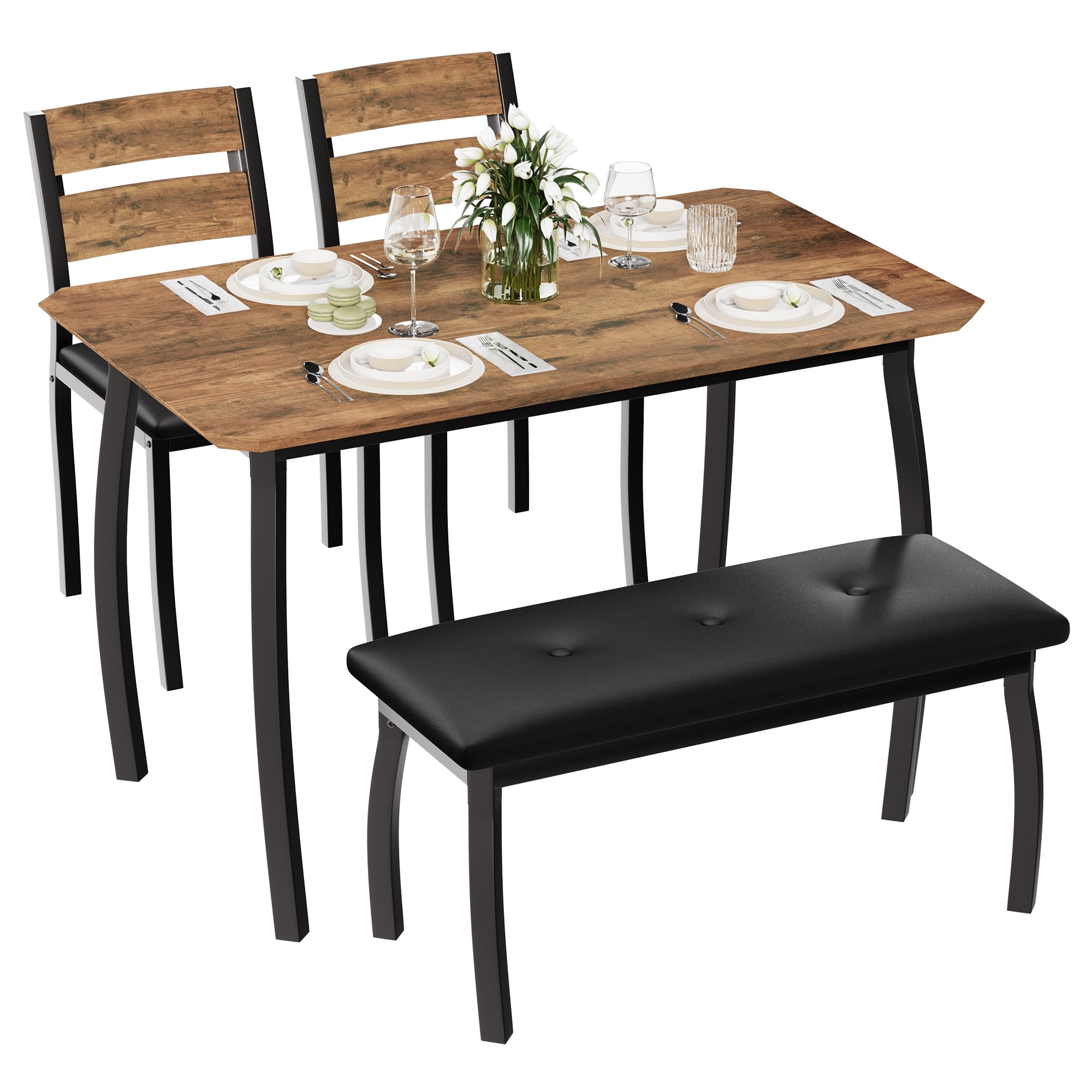 Garvee Dining Table for 4, 3-Piece Kitchen Table Set with Wooden Tabletop and Metal Frame, Industrial Retro Kitchen Table with 2 PU Leather Benches for Bar, Dining Room, Restaurant-Black
