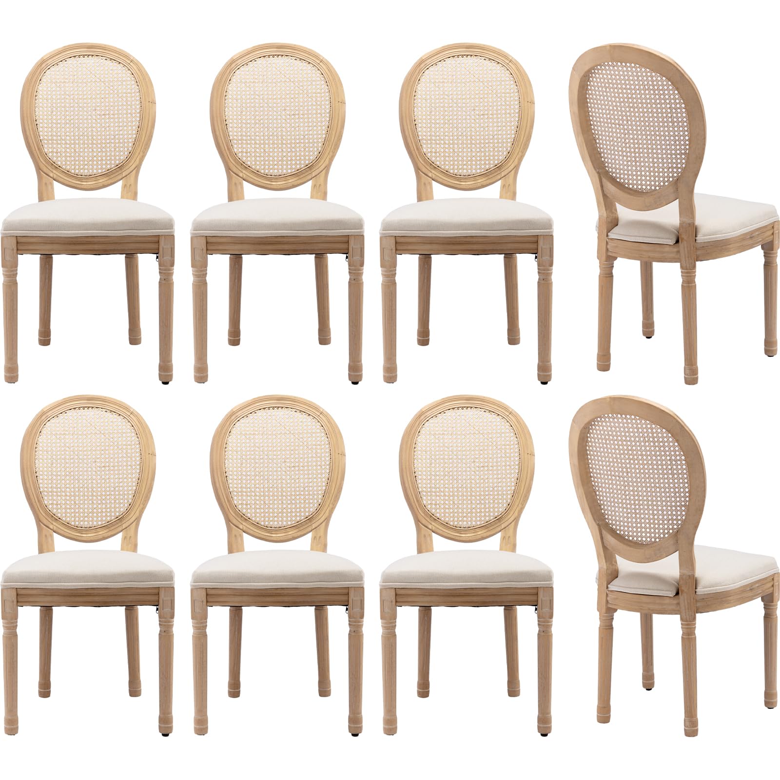 Vintage French Rattan Dining Chairs Set of 4, Solid Wood Frame with Round Rattan Back and Linen Upholstered Seat, Farmhouse Accent Sillas de Comedor Side Chairs for Dining Room & Kitchen, Beige