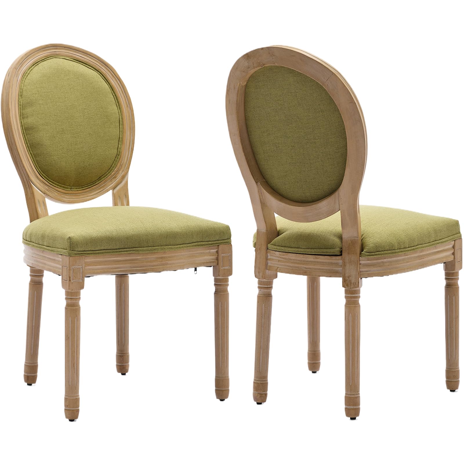 Vintage French Rattan Dining Chairs Set of 4, Solid Wood Frame with Round Rattan Back and Linen Upholstered Seat, Farmhouse Accent Sillas de Comedor Side Chairs for Dining Room & Kitchen, Beige