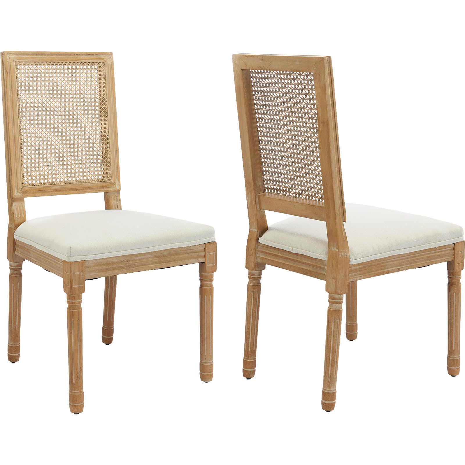 Vintage French Rattan Dining Chairs Set of 6, Square Back Side Chairs with Rattan Backrest, Upholstered Linen Seat and Solid Wood Frame, Sillas de Comedor for Dining Room & Kitchen, Dark Gray