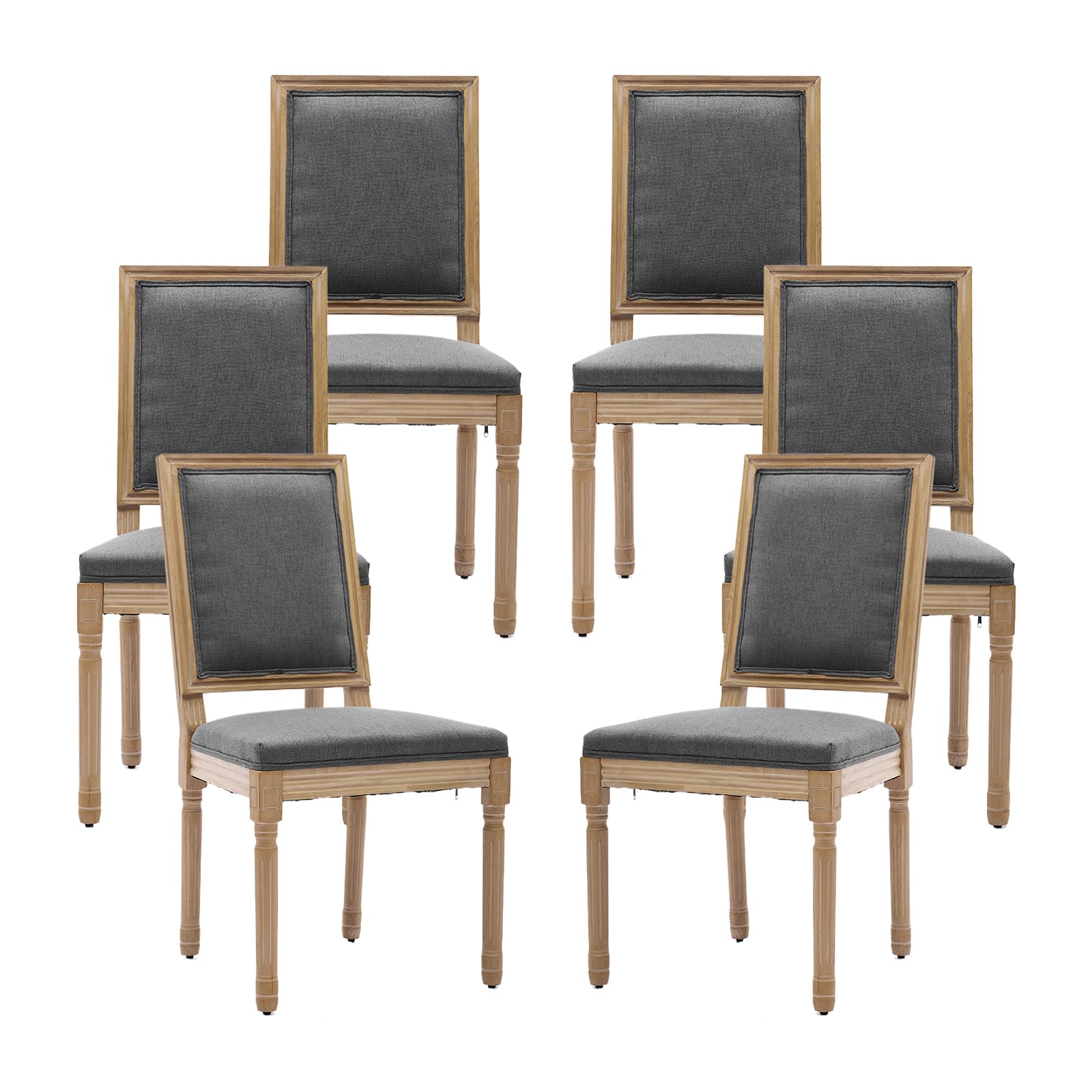Vintage French Rattan Dining Chairs Set of 6, Square Back Side Chairs with Rattan Backrest, Upholstered Linen Seat and Solid Wood Frame, Sillas de Comedor for Dining Room & Kitchen, Dark Gray