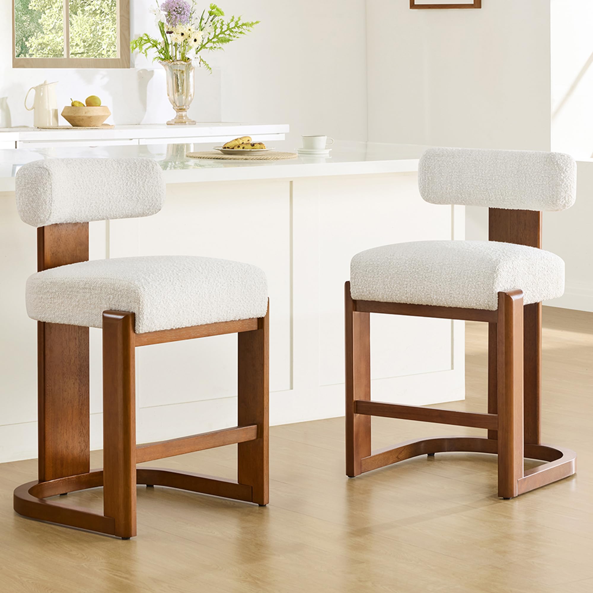 2PC Upholstered Counter Bar Stools, Oatmeal Fabric with Walnut Wood Legs