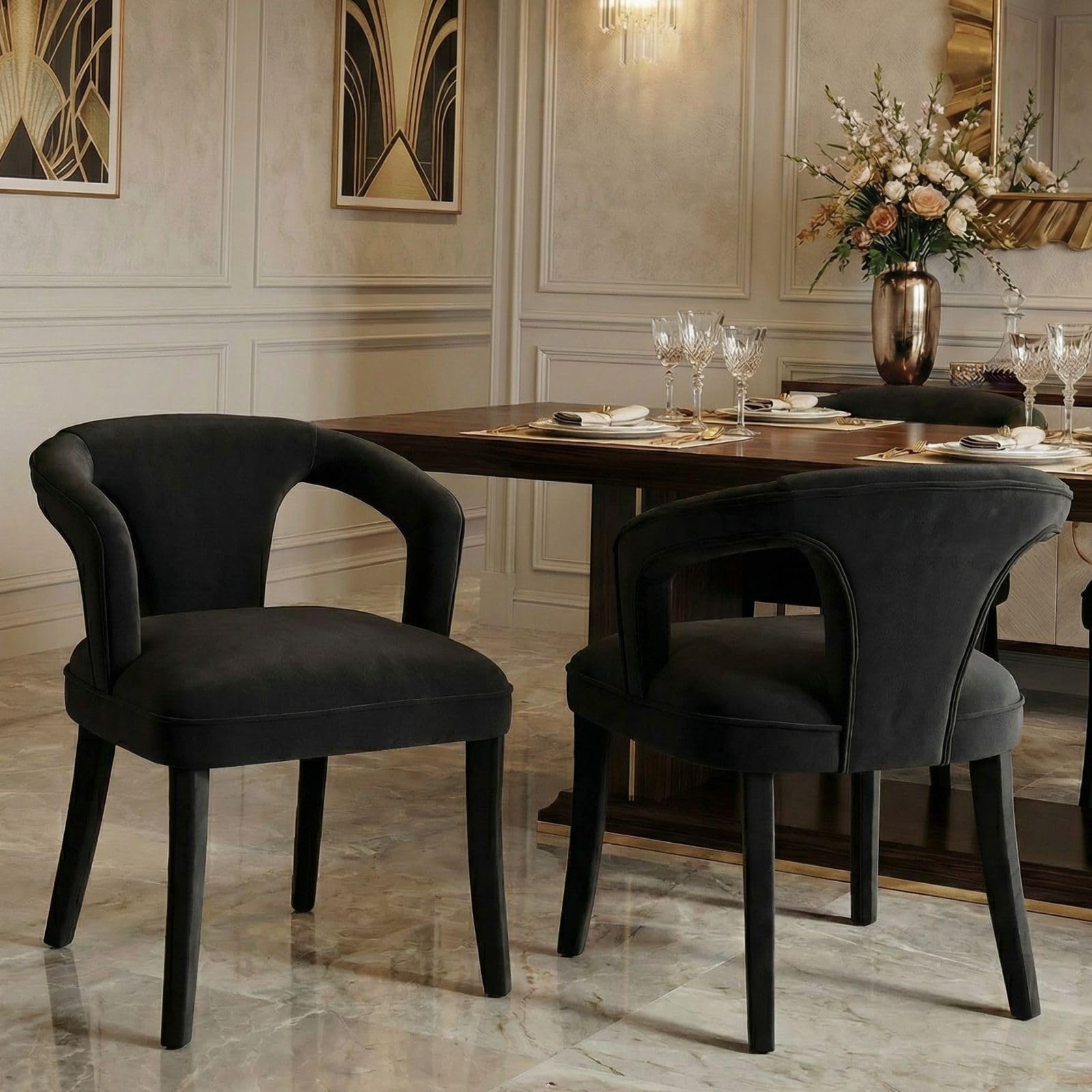 Hyfirm Mid-Century Modern Walnut Dining Chairs Set of 2, Vintage Brown Leather Wooden Kitchen Chairs, Retro Upholstered PU Cushioned Seat with Curved Backrest, Armless Accent Side Chair for Bedroom