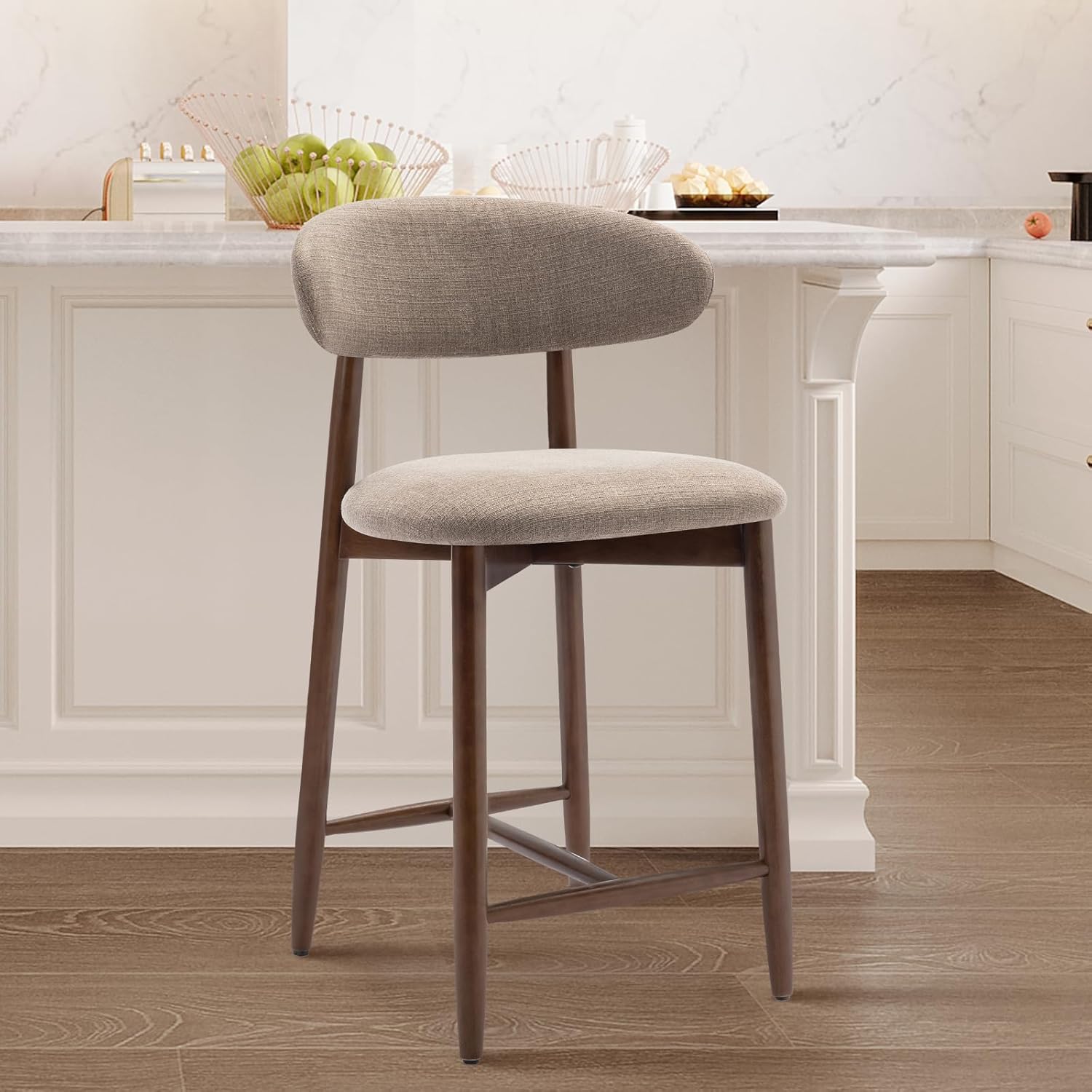 COLAMY Upholstered Counter Bar Stools, Kitchen Island Stools with Back, Modern Counter Height Stools with Wood Legs for Kitchen Island Dining Room Bar, Camel