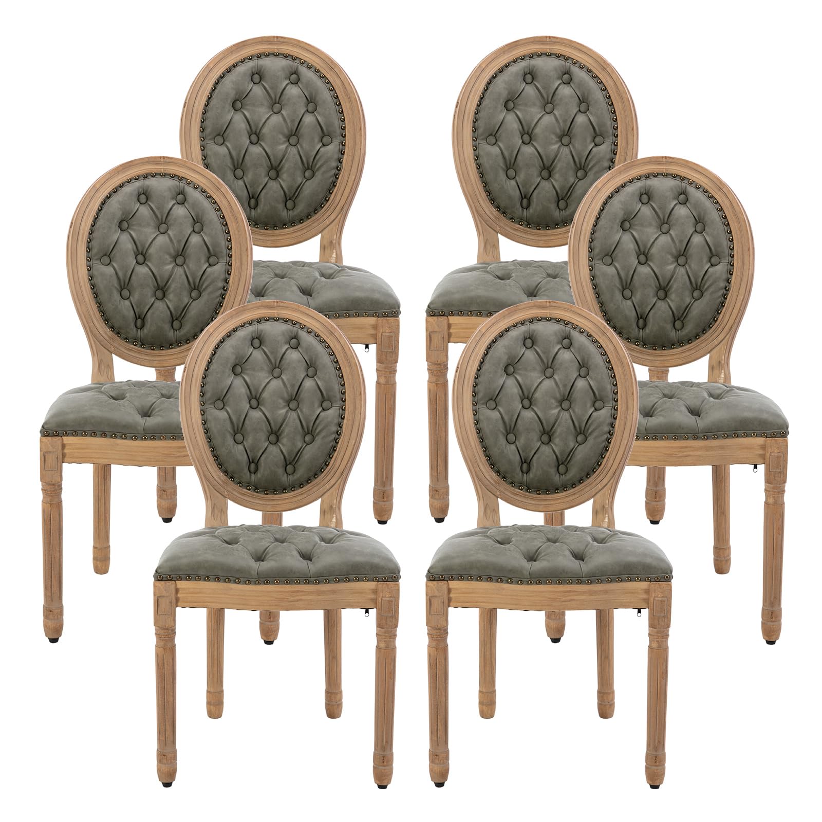 French Country Dining Chairs Set of 4，Fabric Upholstered Dining Chair with Round Back and Solid Leg, Rattan Kitchen Chairs for Dining Room, Living Room, Kitchen, Olive Green