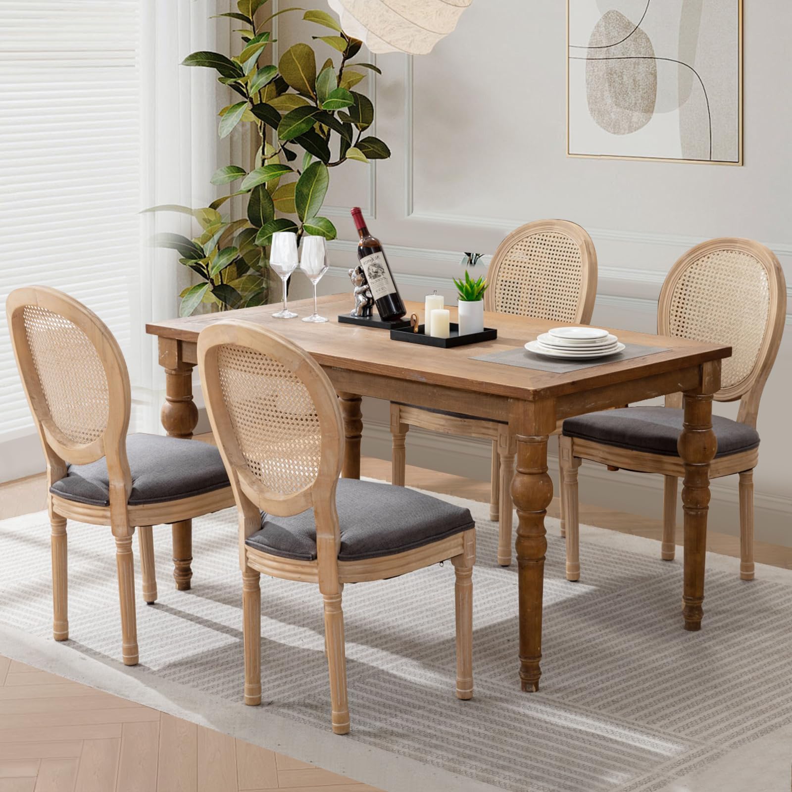 Rattan Back Upholstered Dining Chairs Set of 4 French Country Oval Kitchen Side Chairs with Wood Legs for Dining Room, Kitchen, Restaurant(Beige-Rattan)