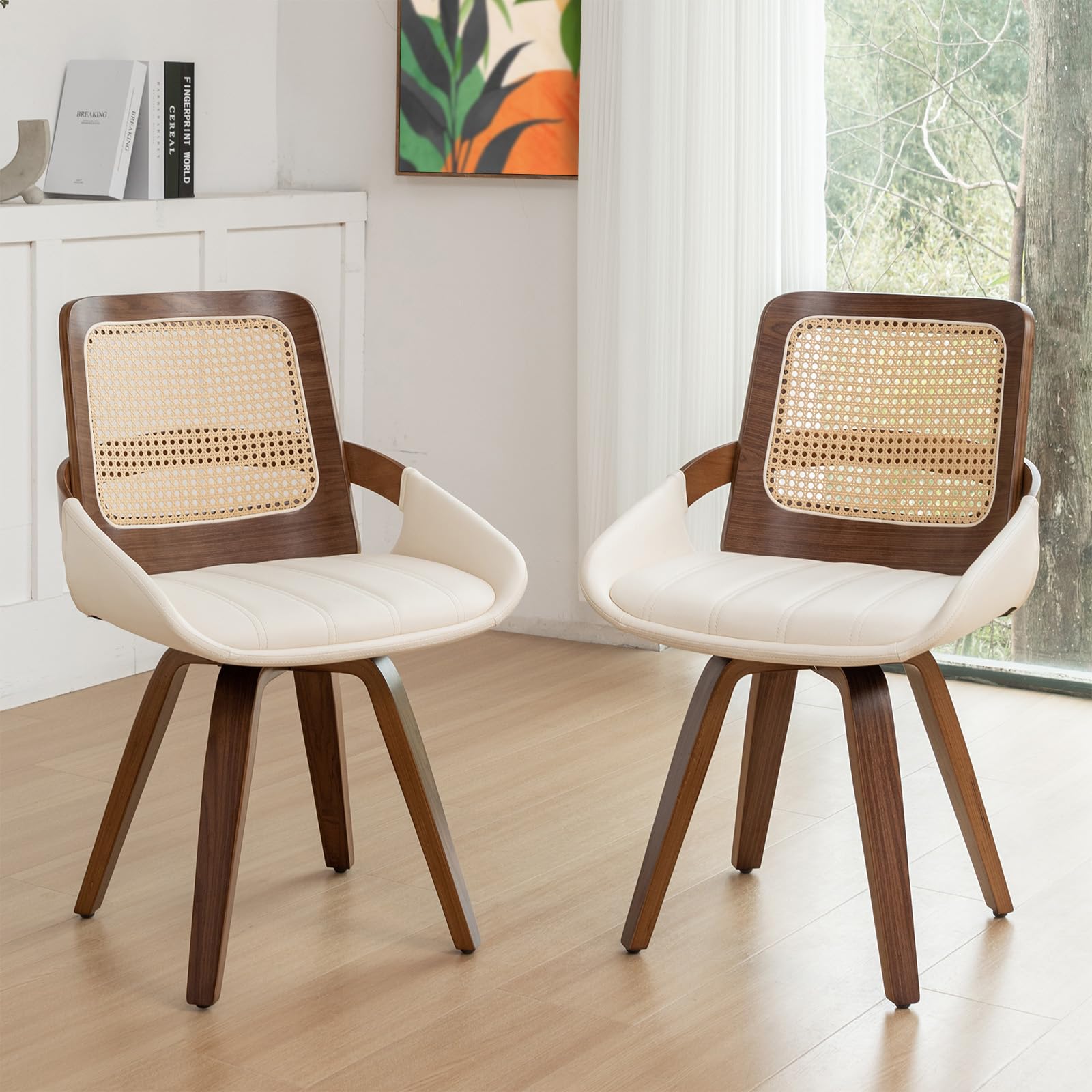 Set of 2 Green Rattan Dining Chairs - Mid Century Modern Dining Chairs with Walnut Bentwood Frame, Ergonomic Rattan Back, Curved Arms, Versatile for Living Room/Conference/Kitchen (Walnut Green)