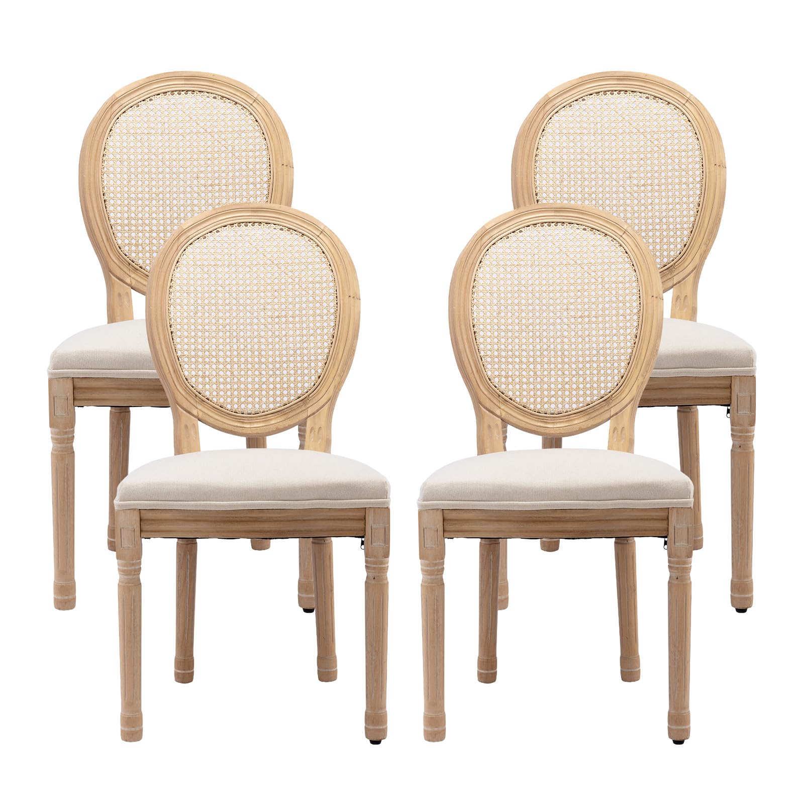 French Country Dining Chairs Set of 4，Fabric Upholstered Dining Chair with Round Back and Solid Leg, Rattan Kitchen Chairs for Dining Room, Living Room, Kitchen, Olive Green